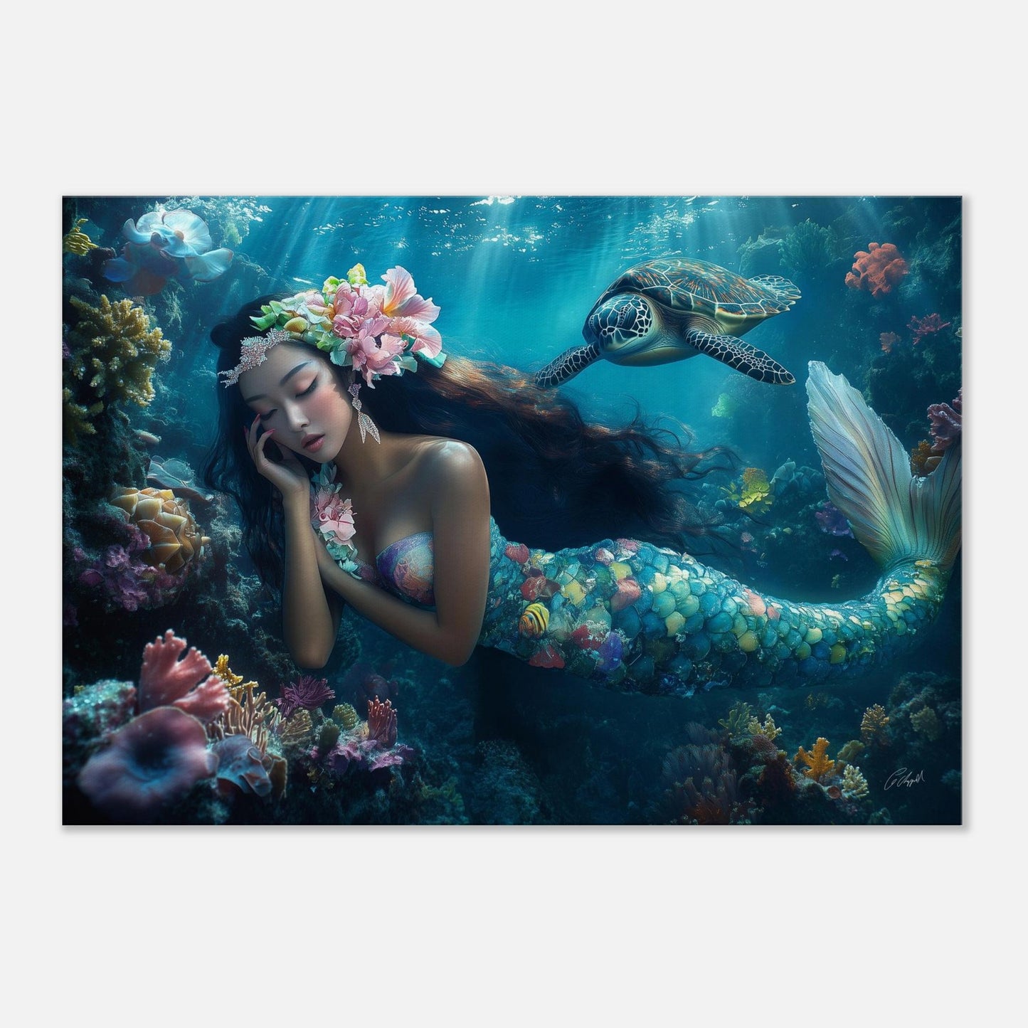 beach scene Hawaii, tropical night art, Hawaiian mermaid art