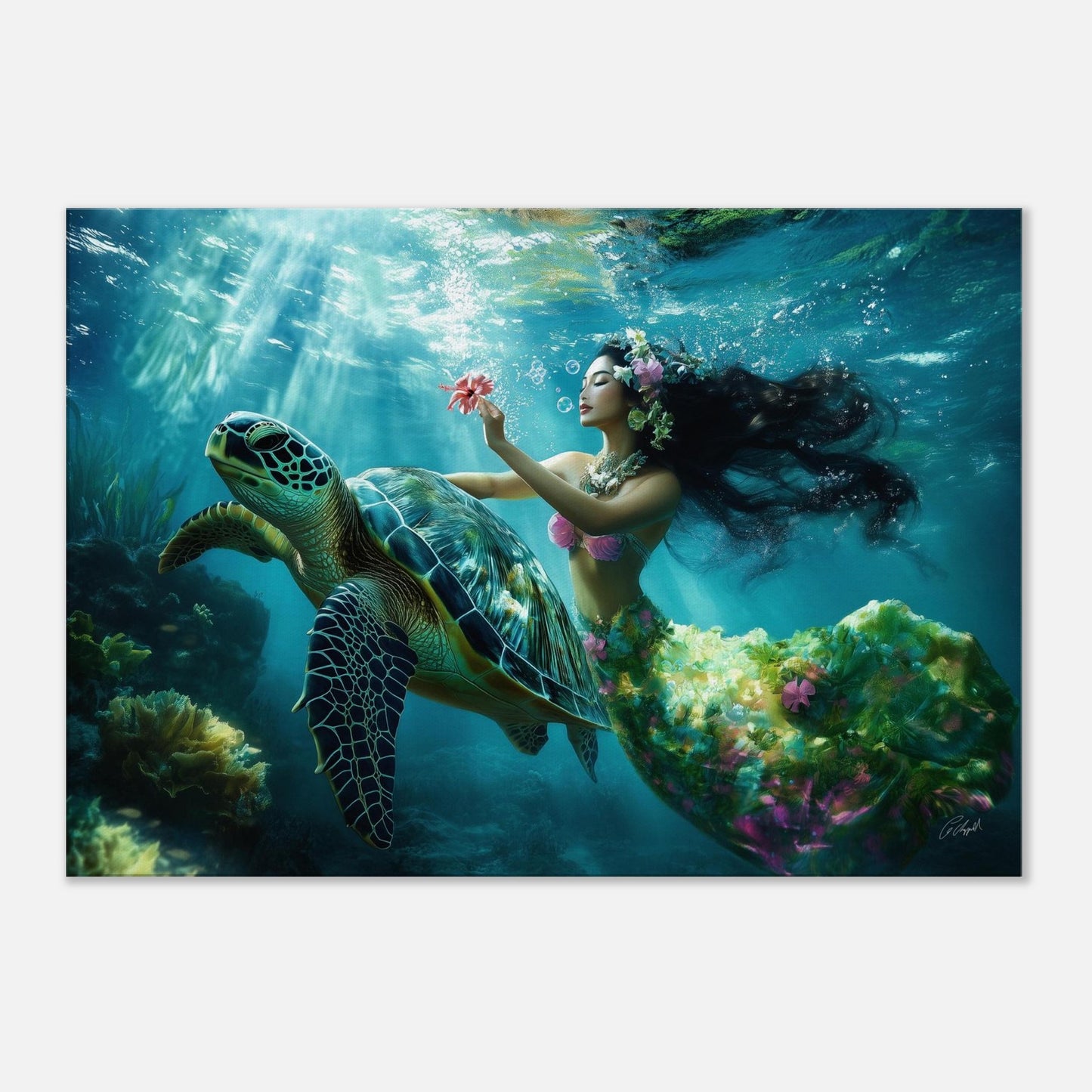Hawaiian mermaid art, palm tree print, Hawaiian moonlight beach art