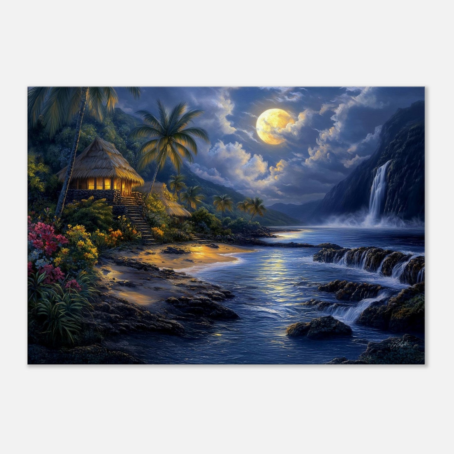 beach scene Hawaii, Hawaii beach landscape, Hawaiian moonlight beach art