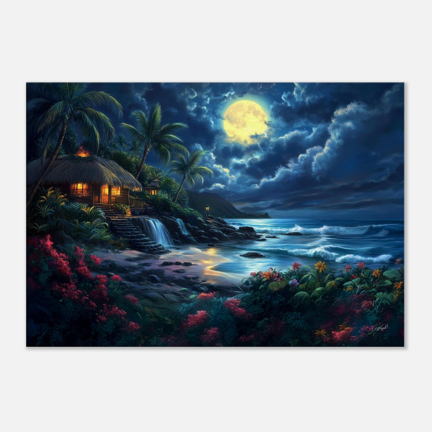 sunset over ocean, moonlit beach view, Hawaiian fantasy print