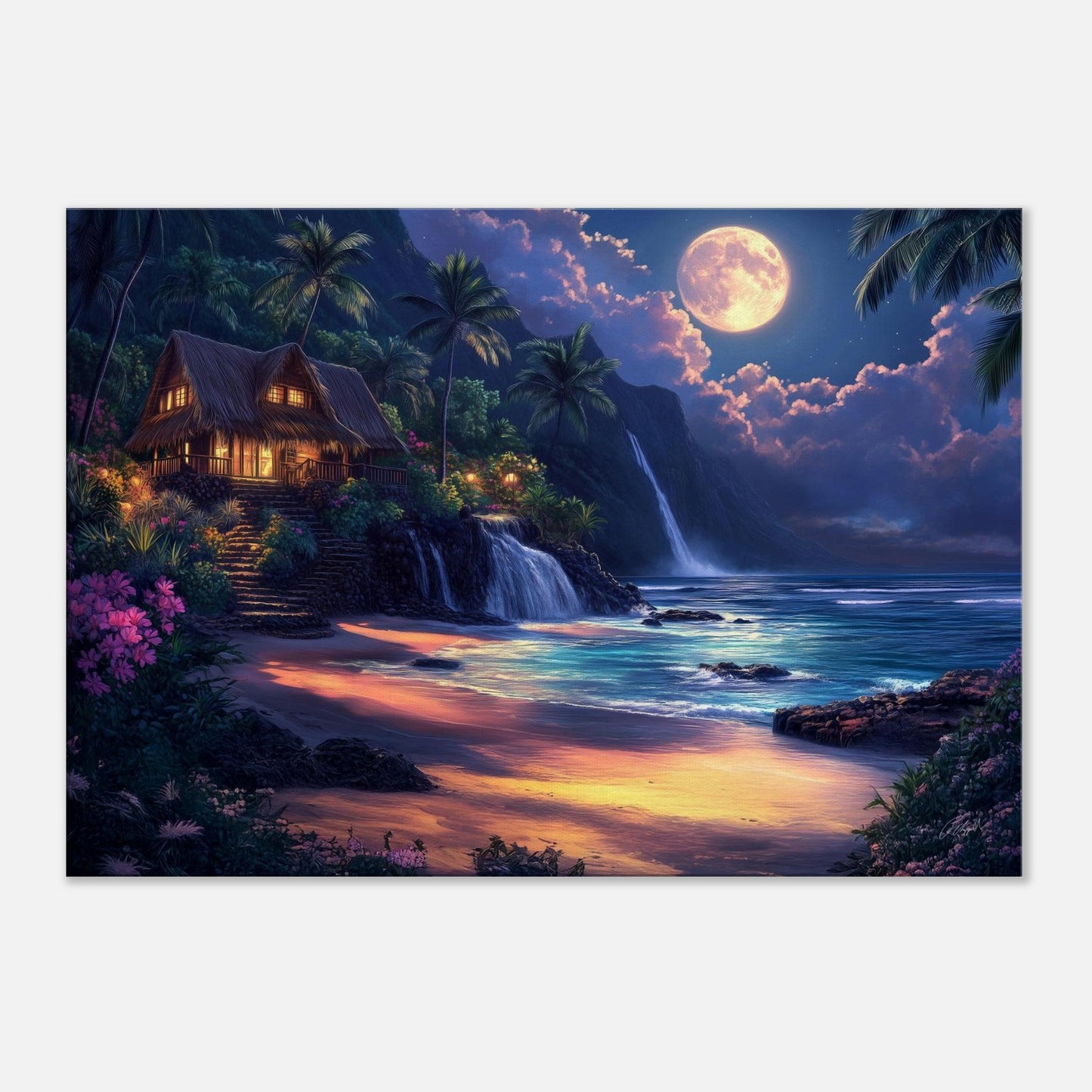 Hawaiian coastal artwork, Hawaiian moonlight beach art, Hawaiian sunset art