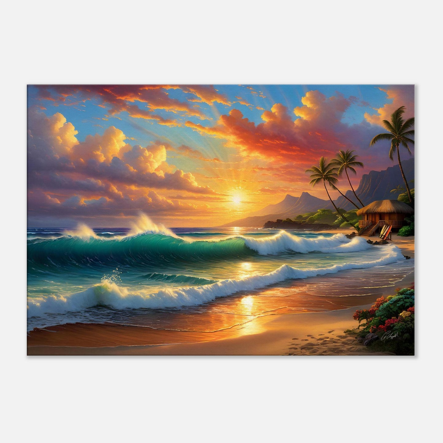 ocean art print, sunset over ocean, surf beach view