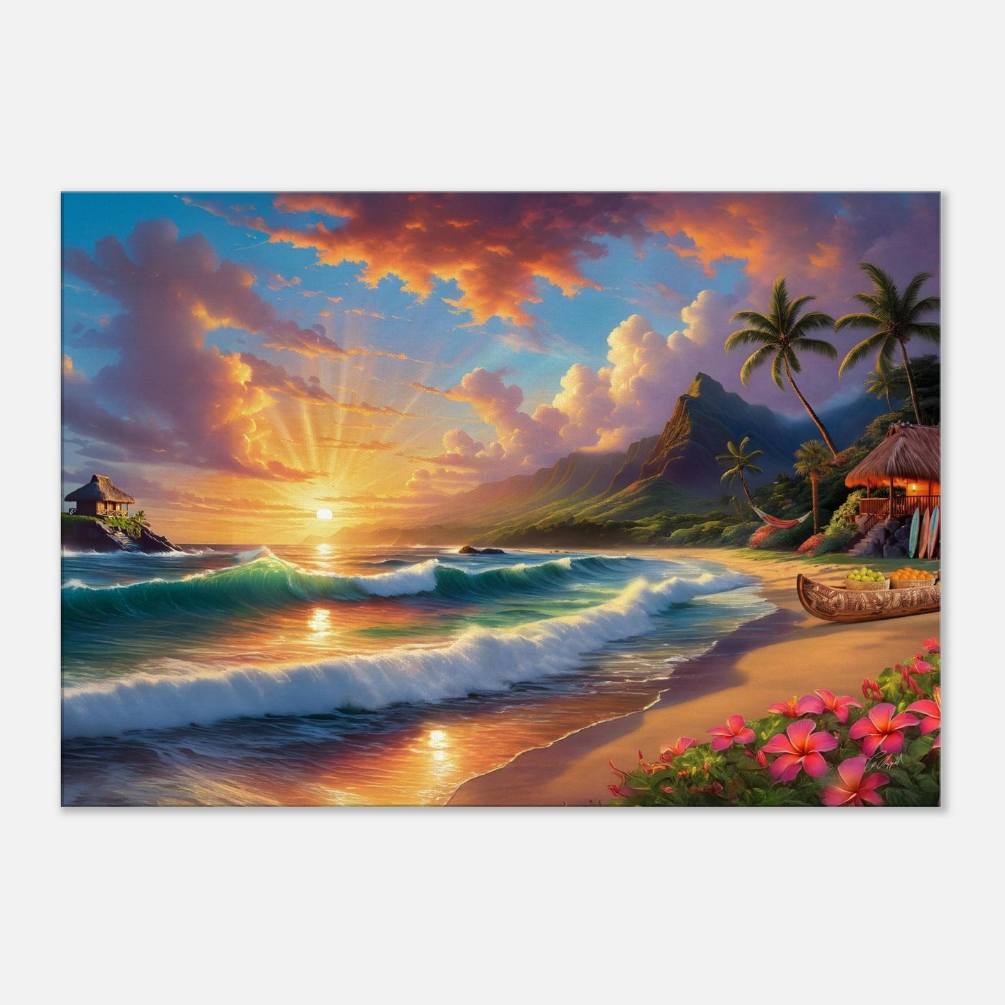 Hawaiian coastal artwork, island vibes, tropical sunset art
