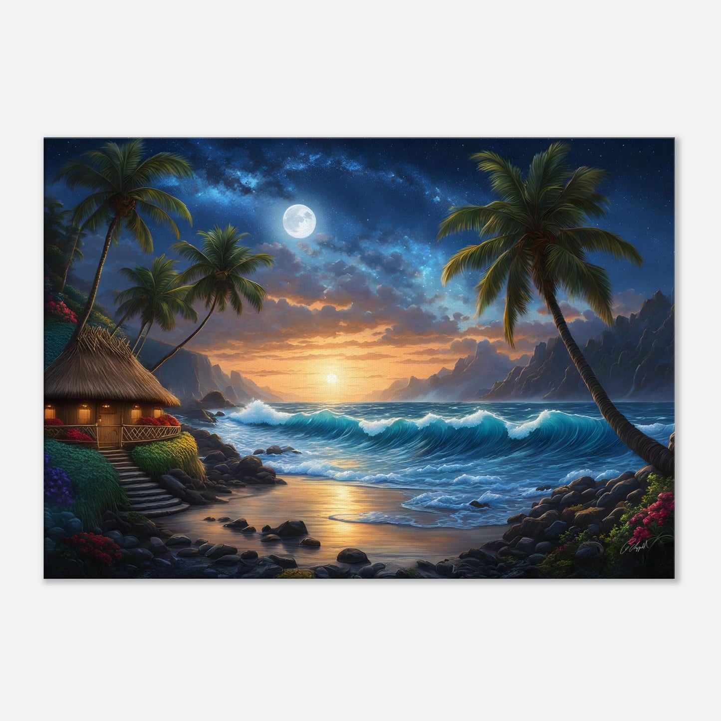 Moonlight over ocean, ocean art print, Hawaiian fantasy print, palm trees