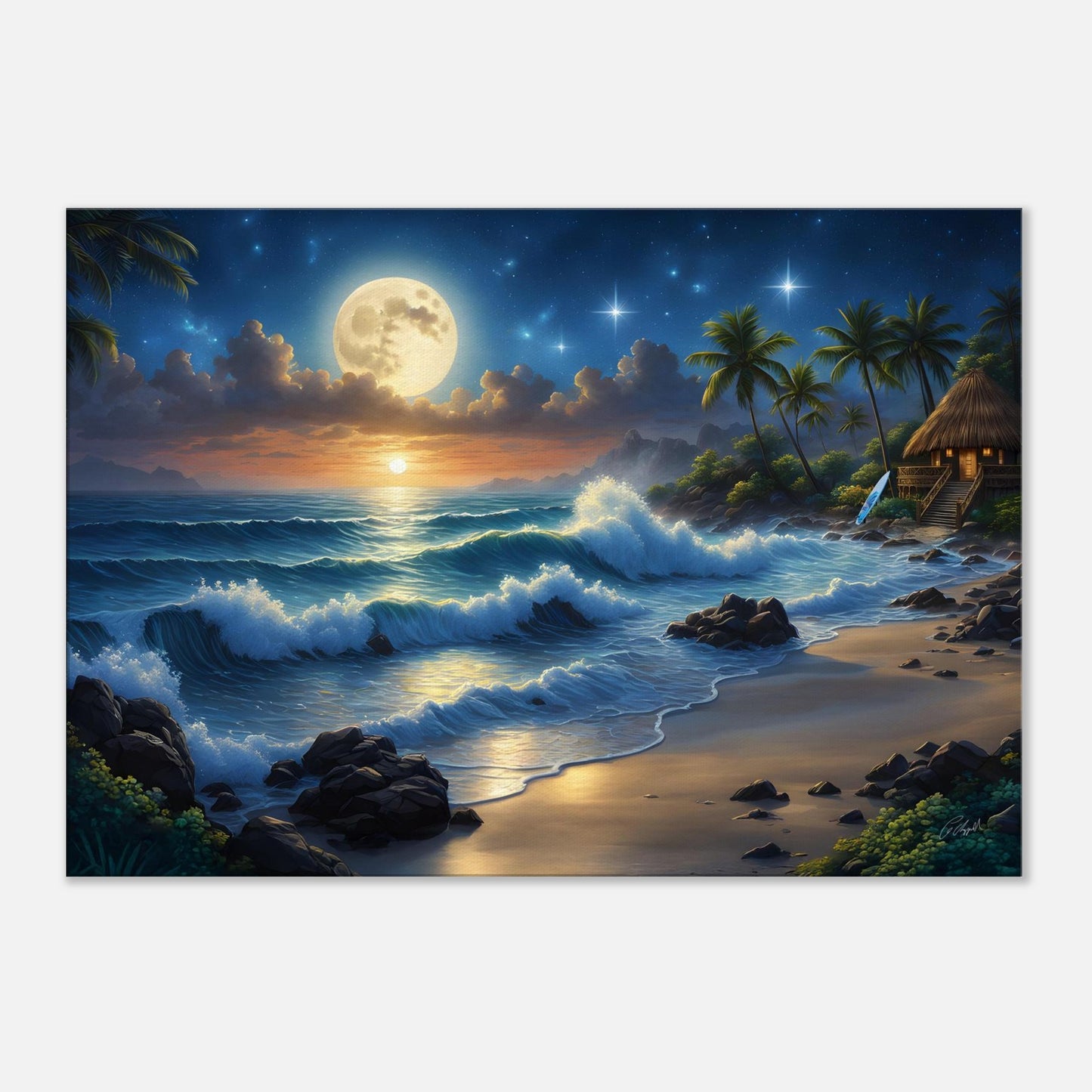 Moonlight island vibes, Hawaiian fantasy print, palm tree print, beach cove