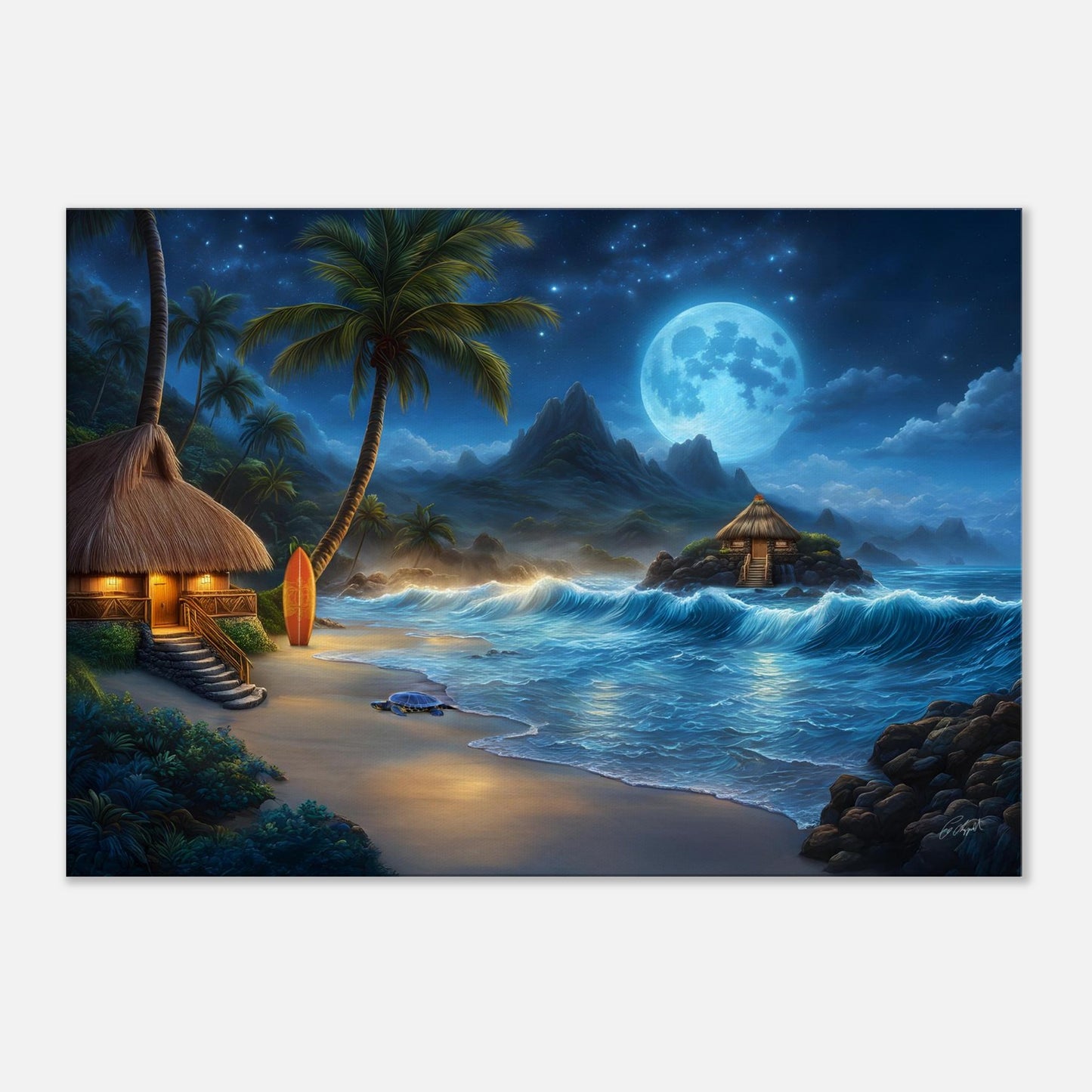 beach scene Hawaii, Hawaiian coastal artwork, Hawaiian moon art