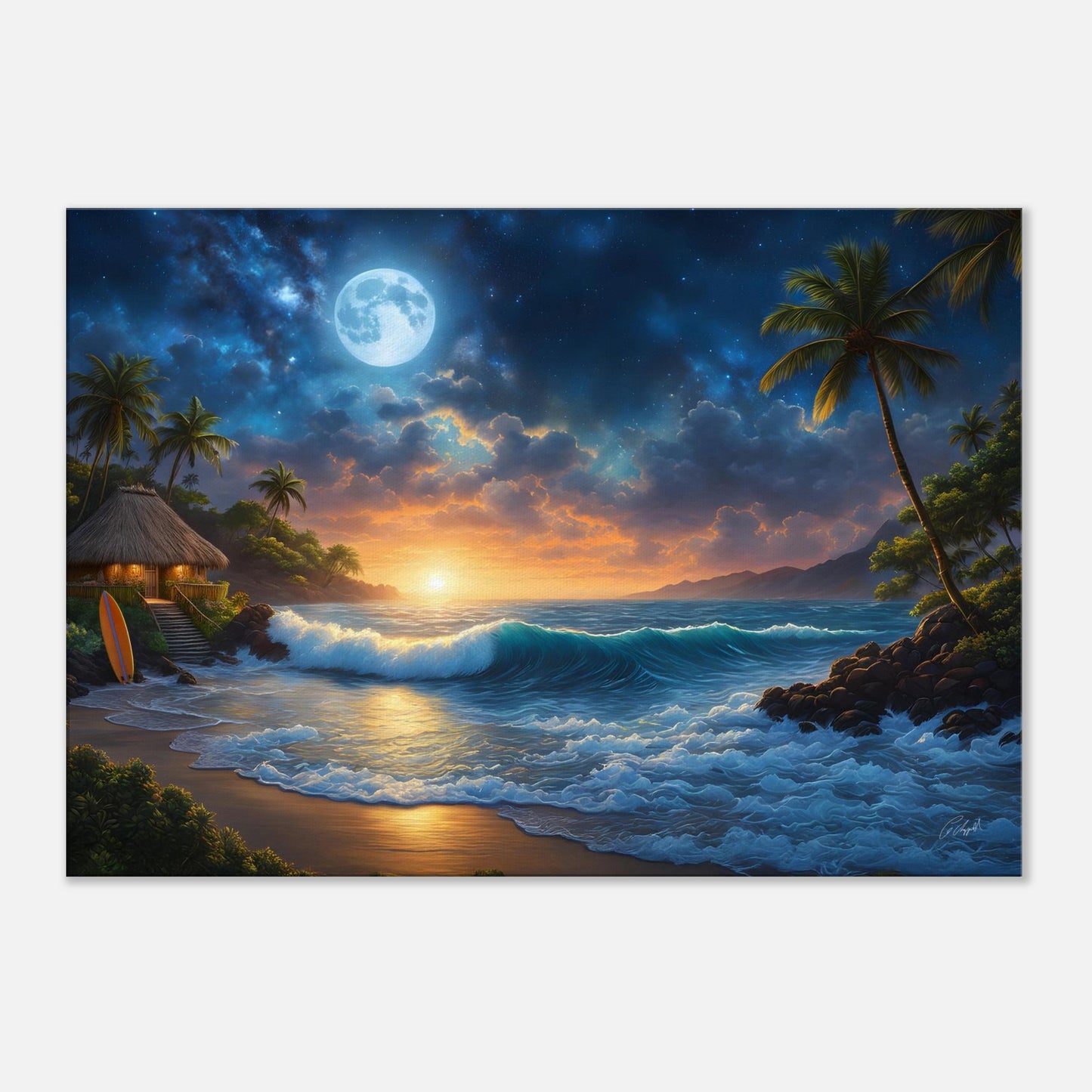 Hawaiian sunset art, Hawaii beach landscape, palm tree print, moonlight