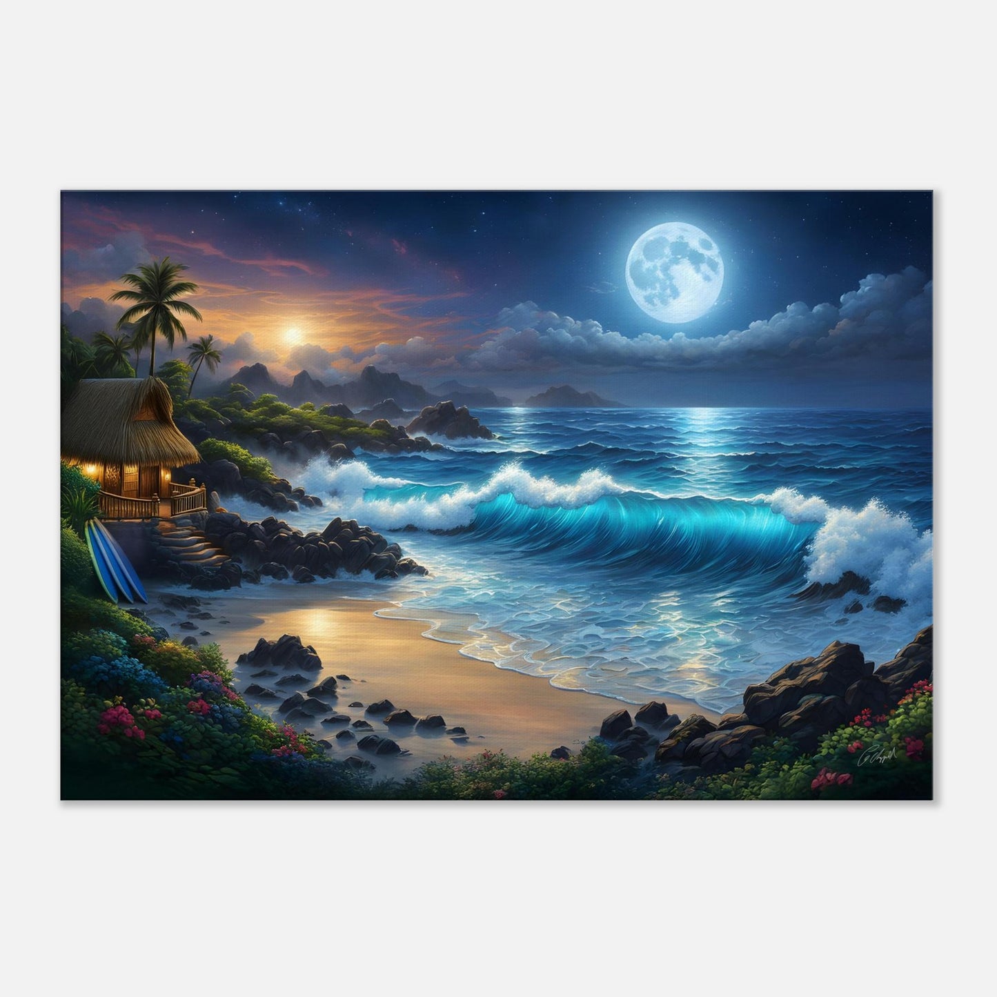 Hawaiian Moonlight art, sunset over ocean, tropical wall decor