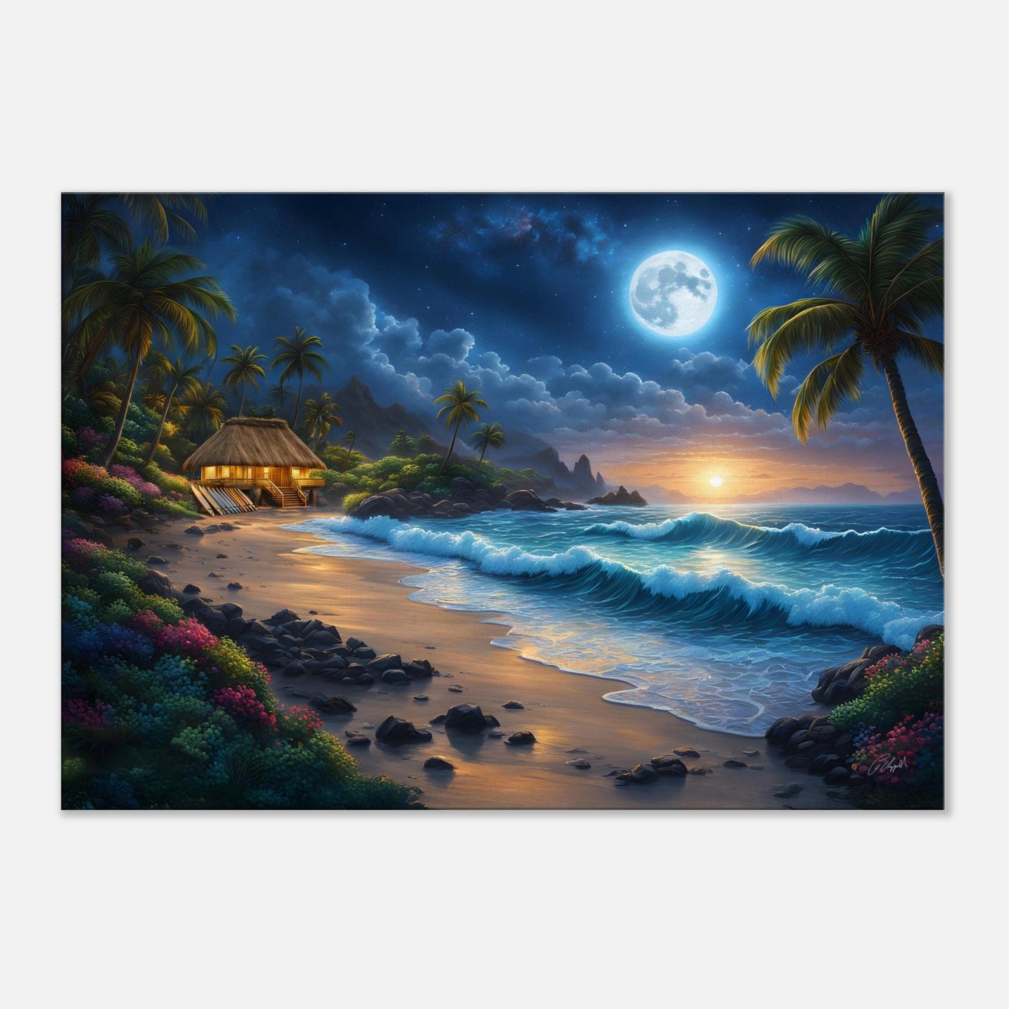 tropical wall decor, Hawaii beach landscape, island vibes, sunset and moon glow