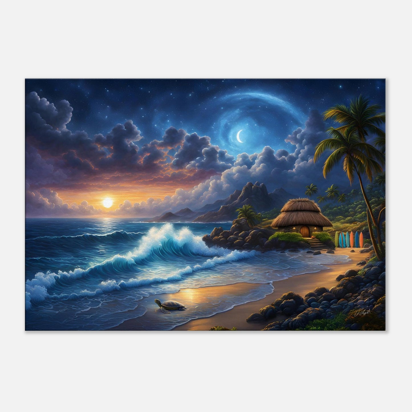 Hawaiian fantasy print, Hawaii beach landscape, Hawaiian sunset art, Hawaiian moonlight art over ocean,