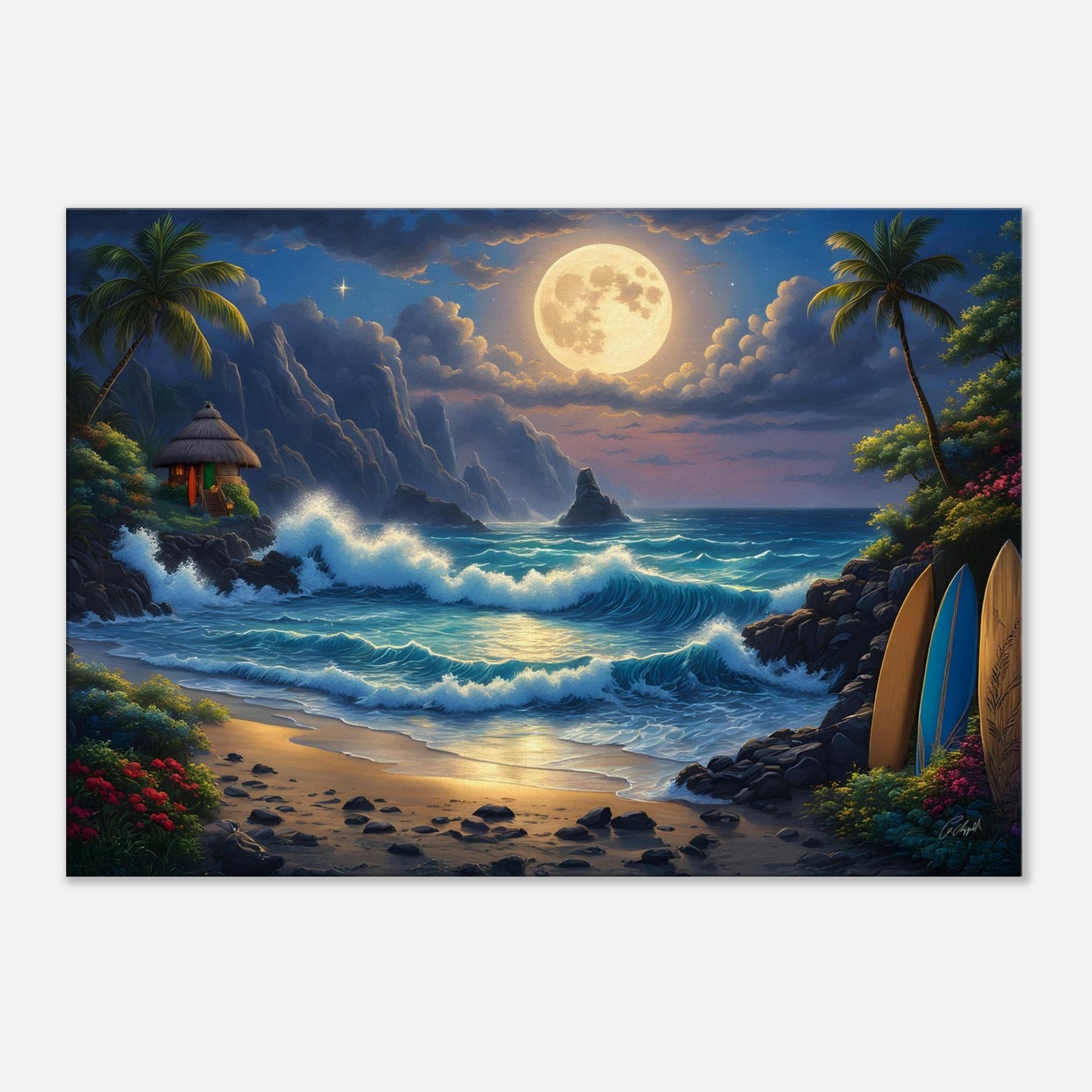 palm tree print, Hawaiian moonlight beach art, tropical wall decor, surfboards