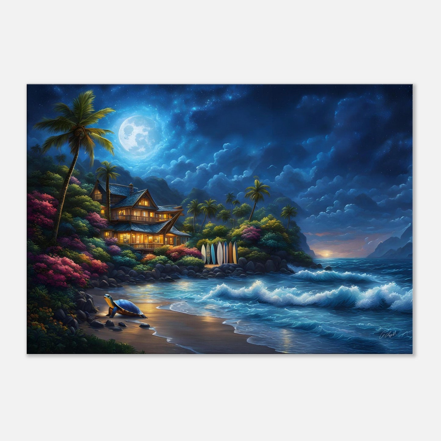 tropical wall decor, island vibes, palm tree print, moonlight art