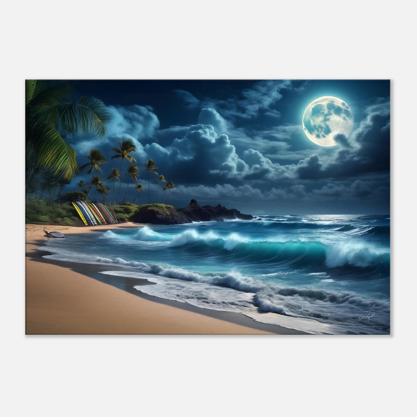 Hawaiian fantasy print, ocean art print, moonlit beach view