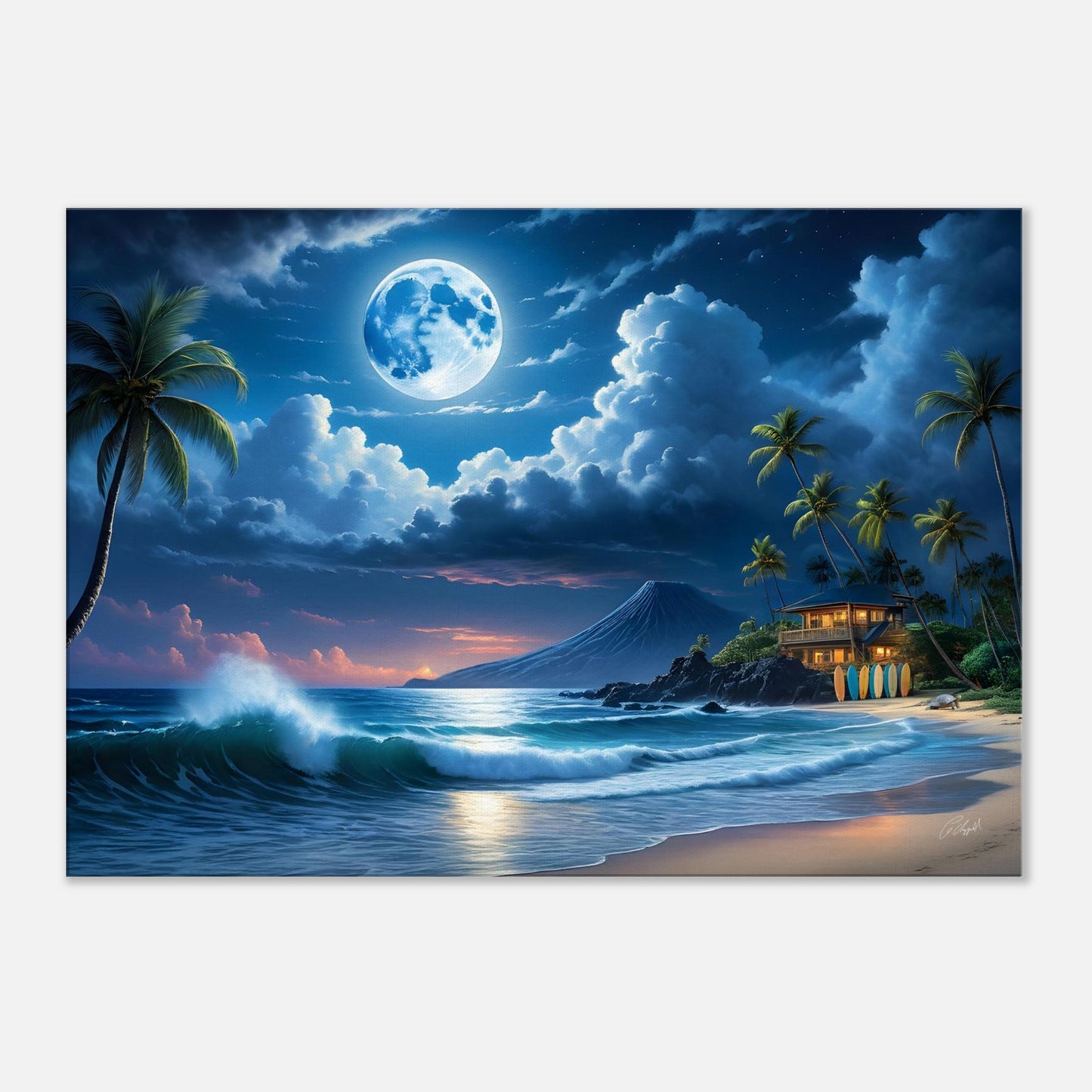 beach scene Hawaii, tropical wall decor, island moon painting, surfboards on rocks