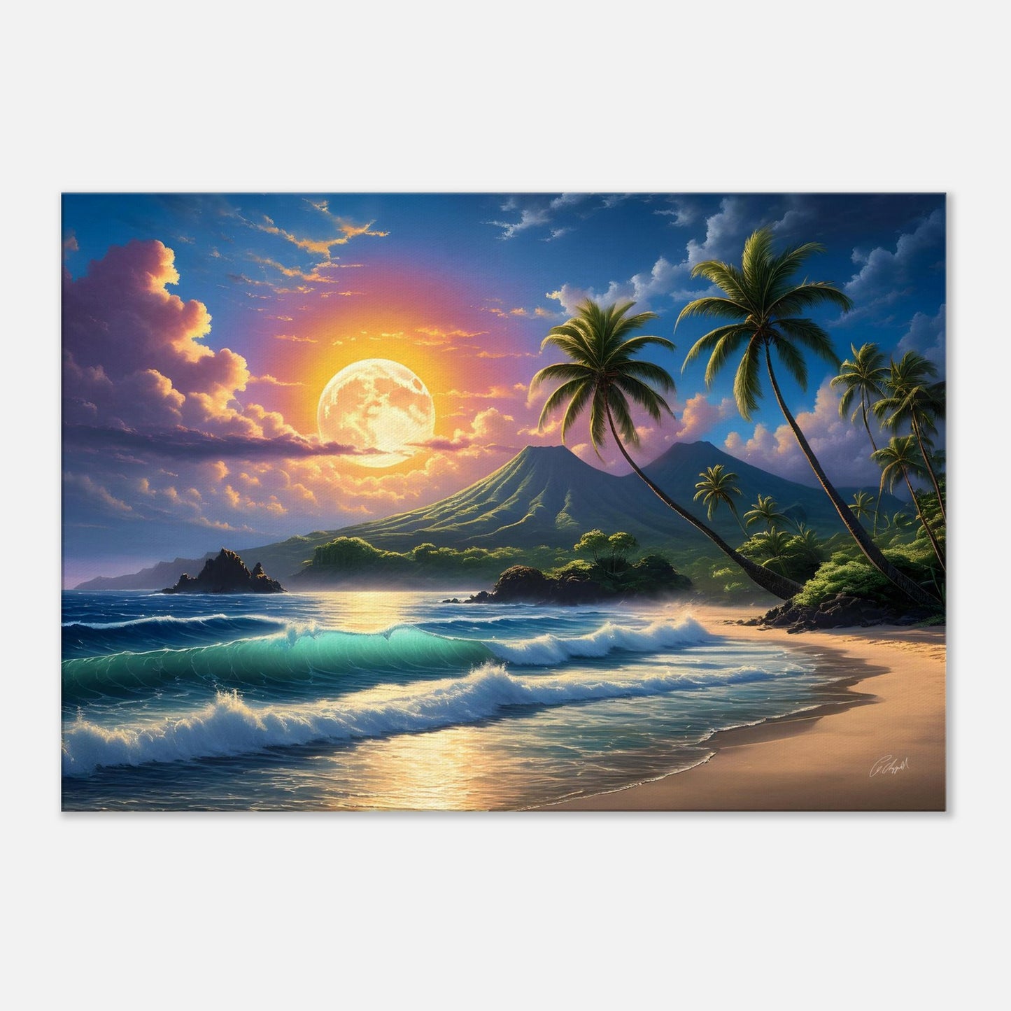 Hawaii beach landscape, tropical night art, moonlit beach view, palm trees heaven