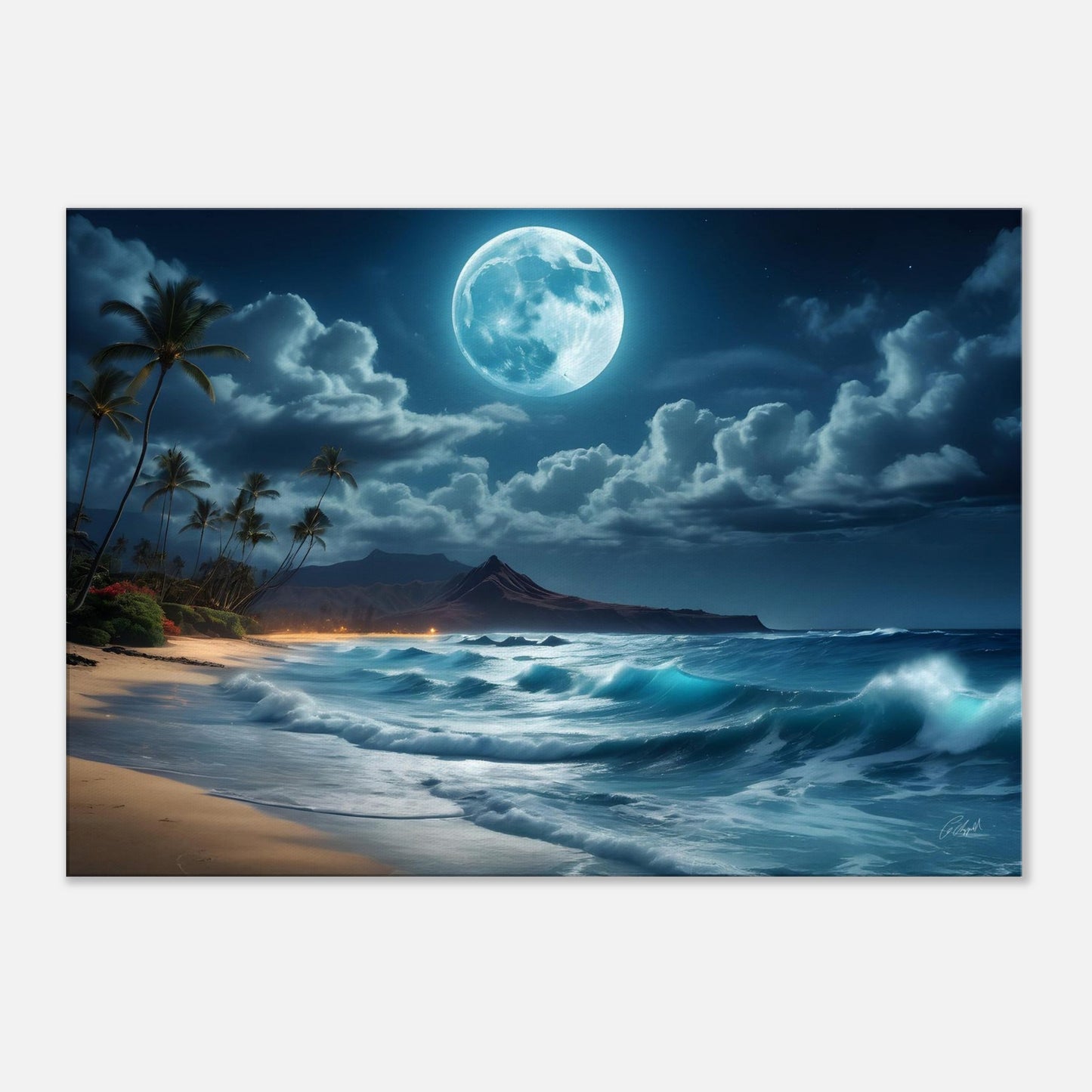 island vibes, Hawaiian moon art, tropical wall decor, big wave Hawaii art