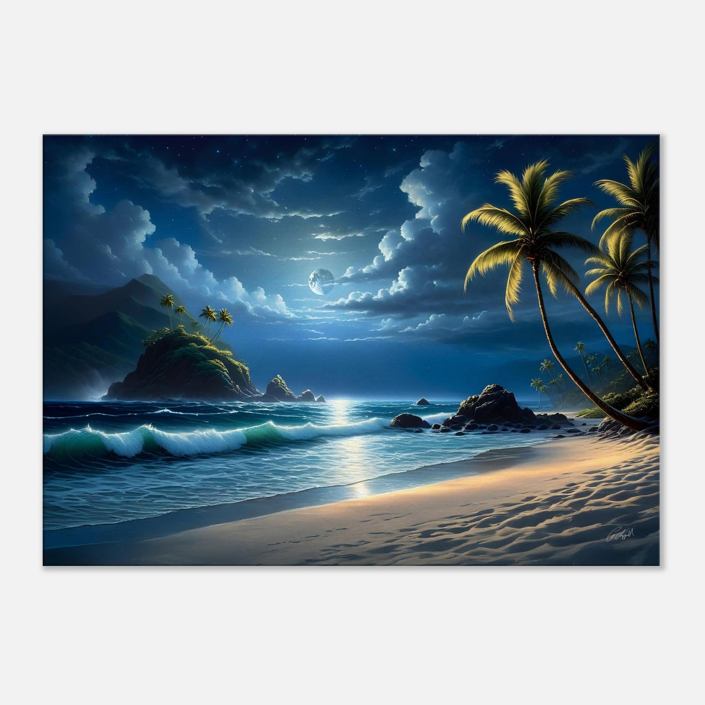 Hawaiian fantasy print, tropical wall decor, Hawaiian moonlight art, Hawaii beach scene at night