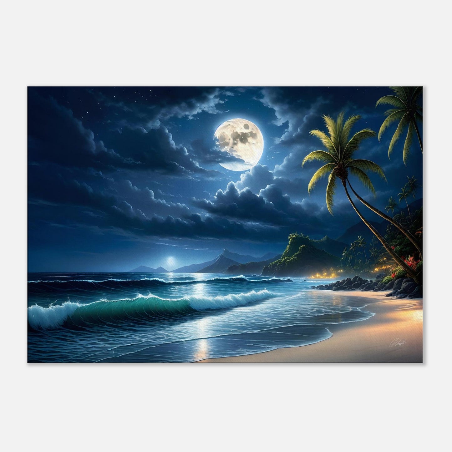 tropical wall decor, Hawaiian fantasy print, palm tree print, moonlight art