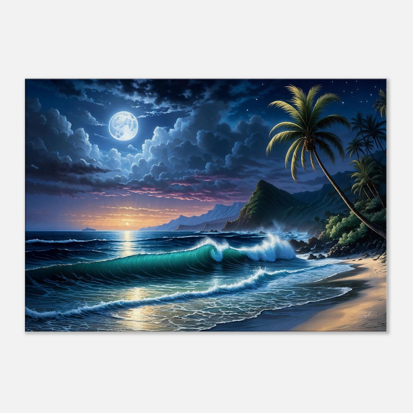 Hawaiian coastal artwork, Hawaiian moonlight art, tropical night art, palm tree cove beach, moon glow