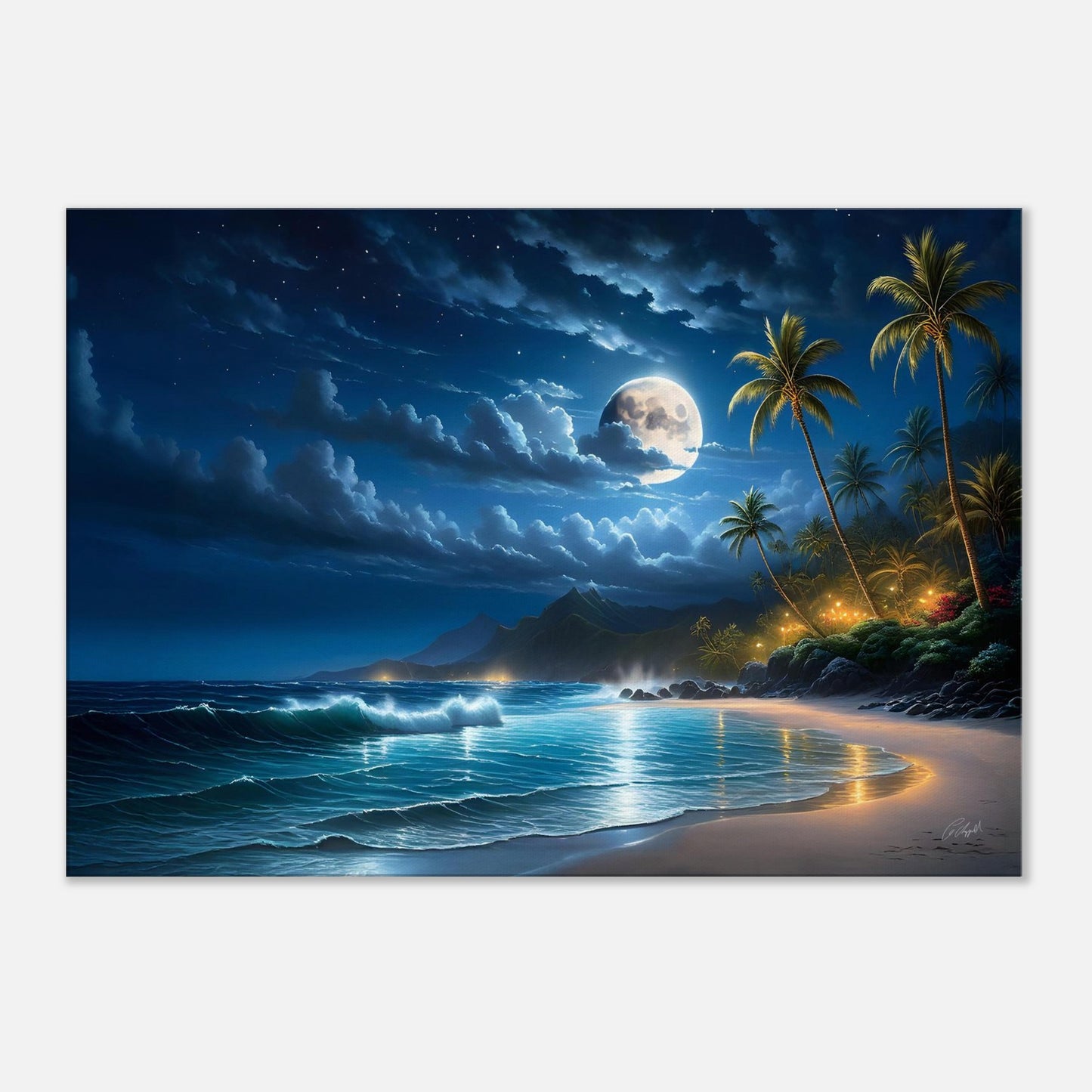 island moonlight painting, ocean art print, tropical wall decor, big moon, cozy beach at night in Hawaii