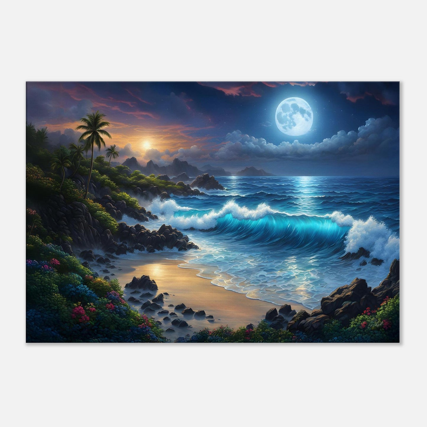 Hawaiian ocean art, Hawaii beach landscape, palm tree print, moonlight art