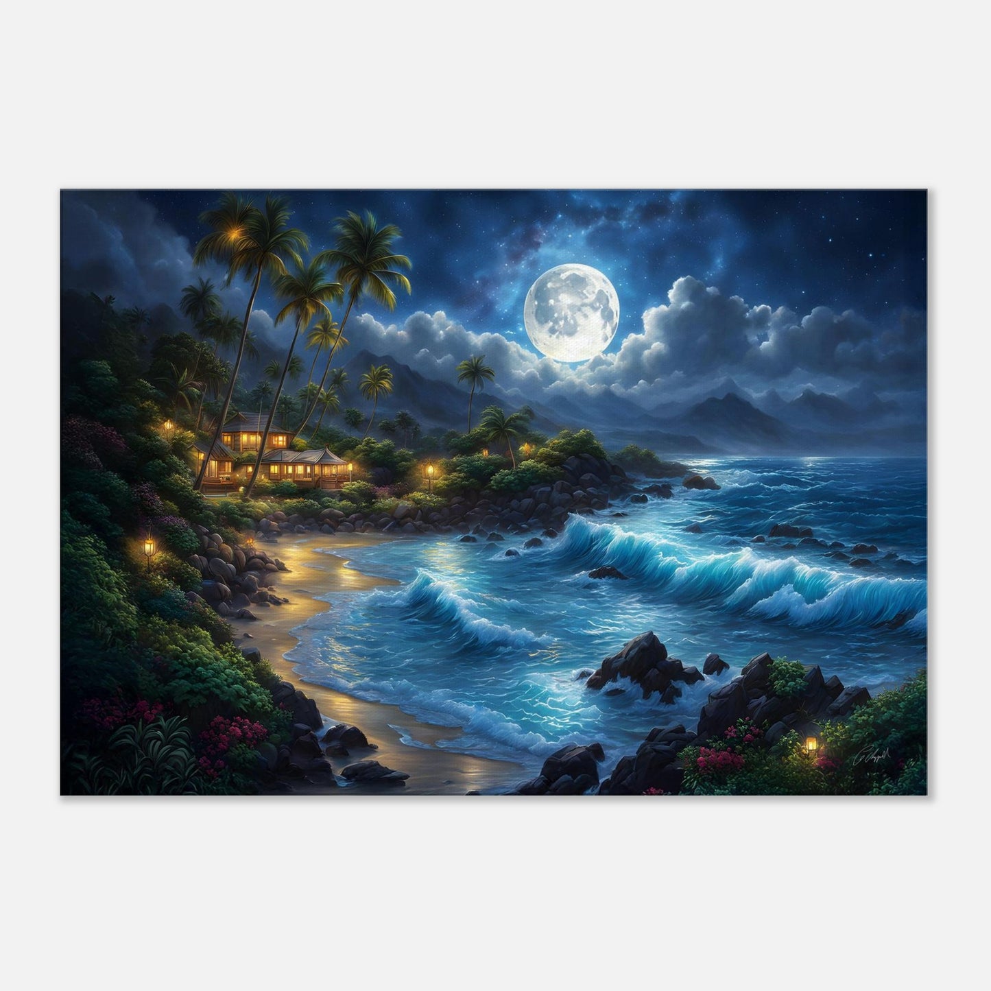 Hawaiian moonlight beach art, Hawaiian ocean art, beach scene Hawaii, tropical cozy cove art
