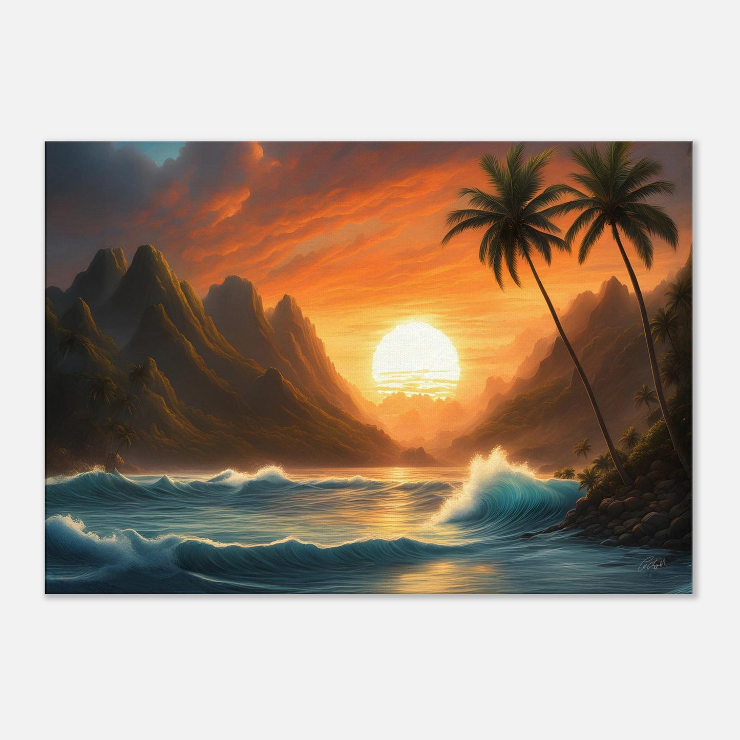 tropical sunset art, palm tree print, Hawaiian sunset art, Hawaii volcano art