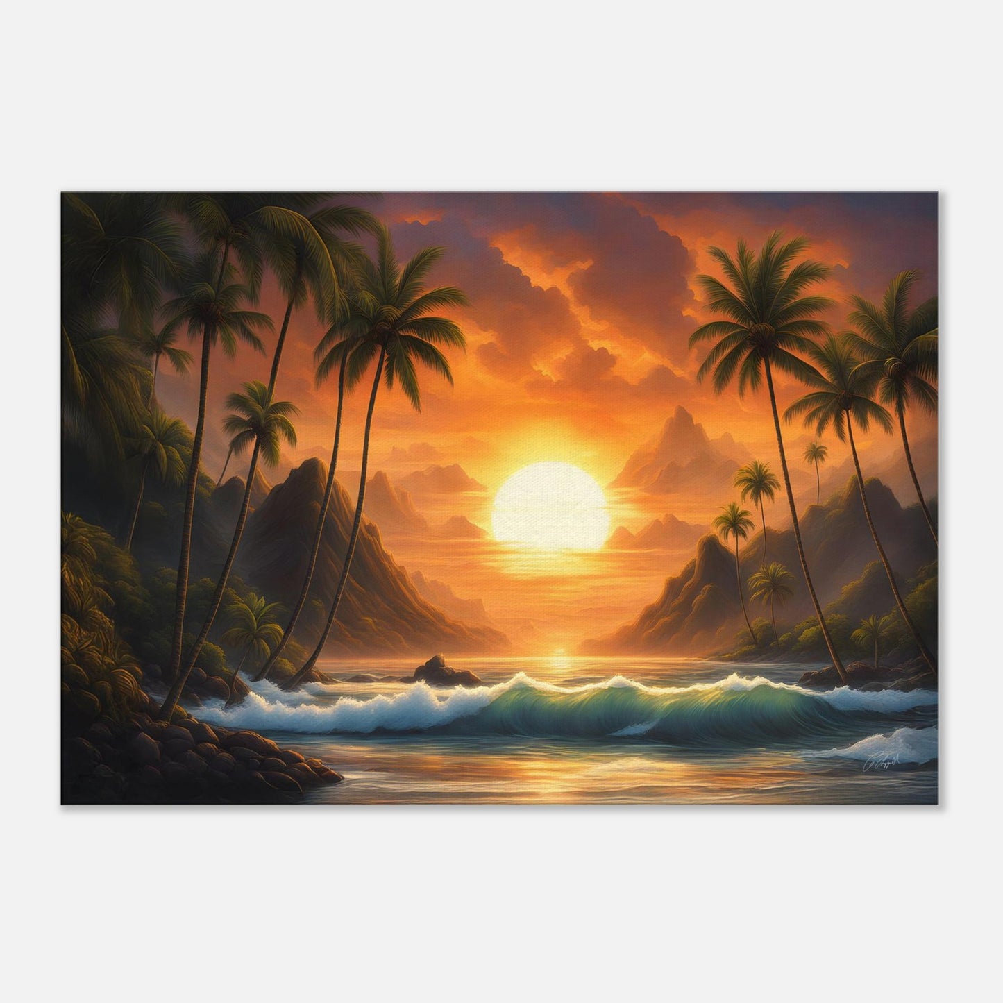Hawaiian coastal artwork, Hawaii beach landscape, Hawaiian fantasy print, Hawaiian sunset art