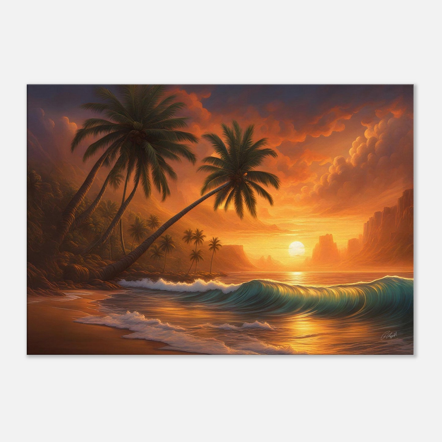 tropical sun art, island sunset painting, sunset over ocean