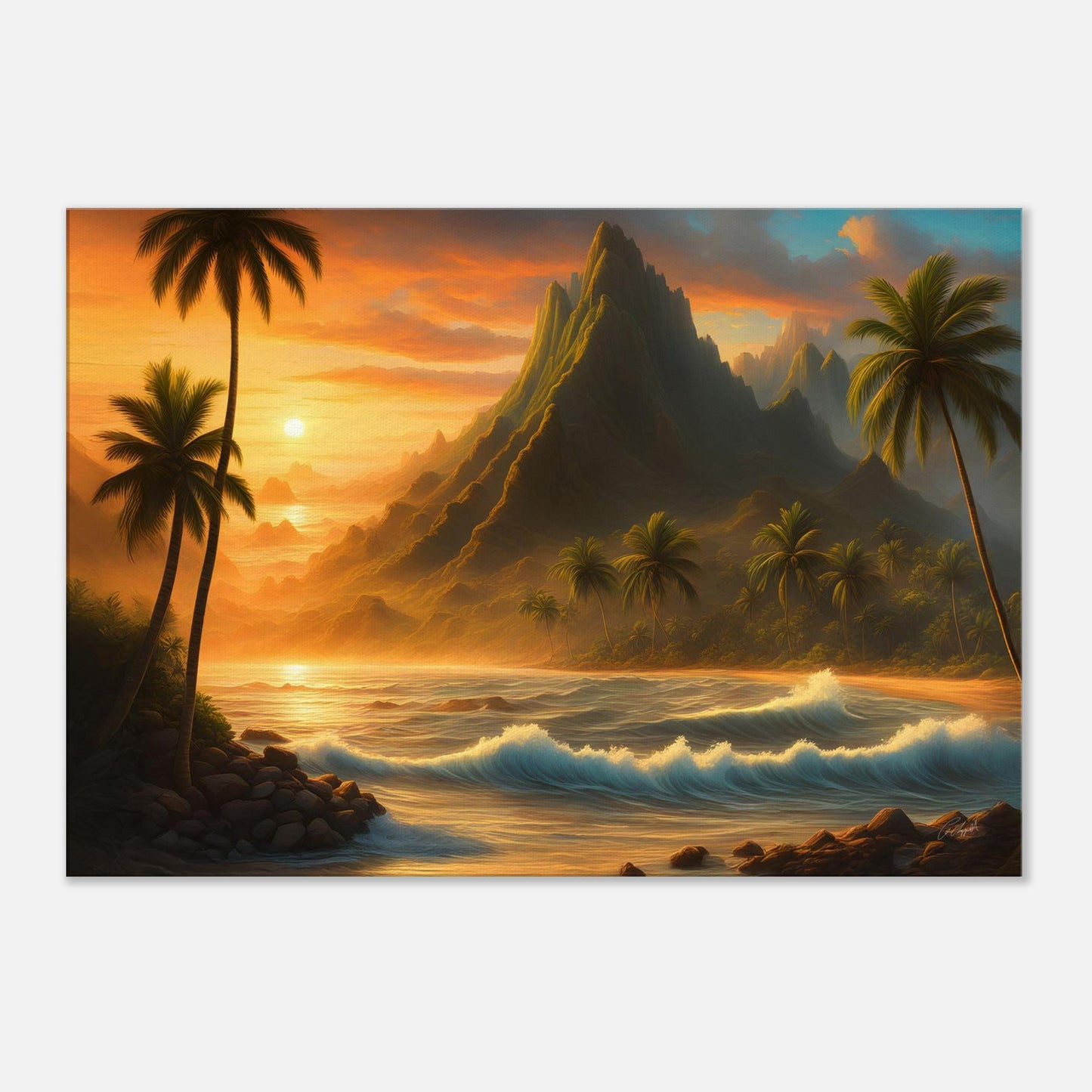 Hawaiian fantasy print, Hawaiian coastal artwork, tropical sunset art