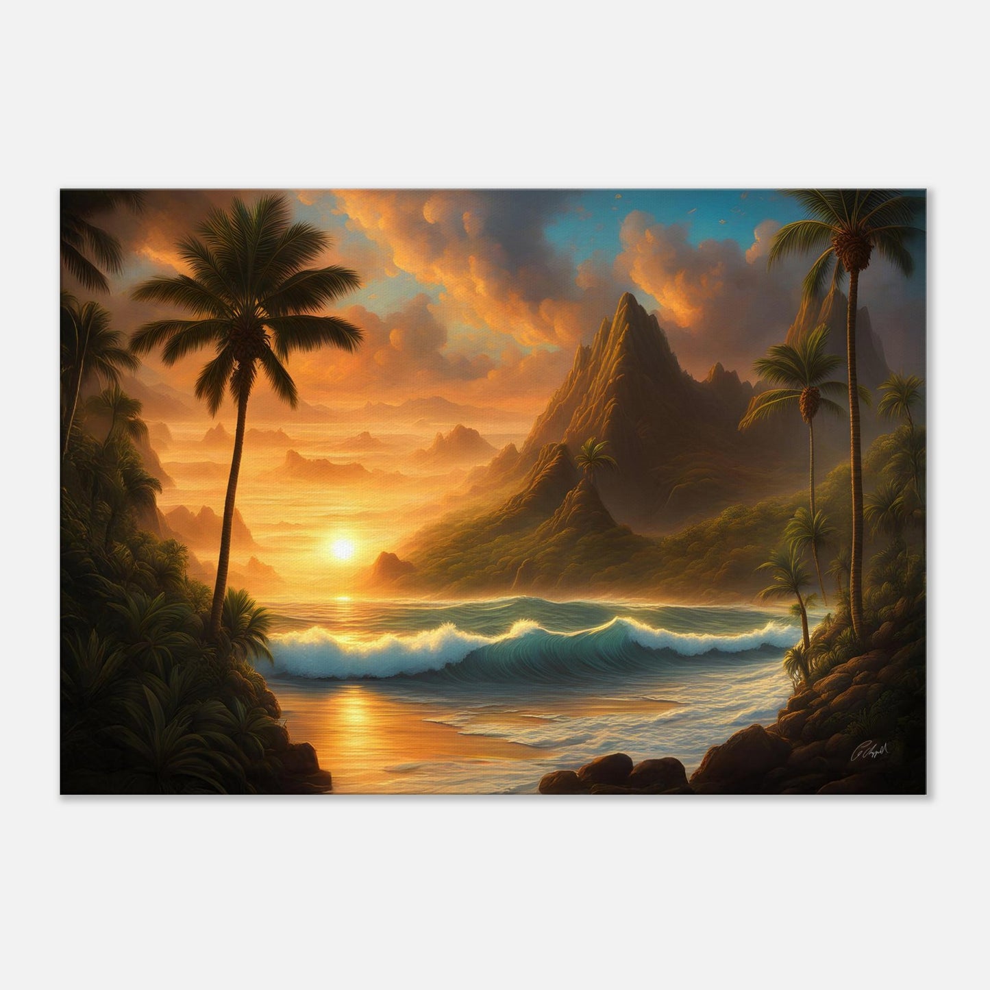 beach scene Hawaii, Hawaiian sunset beach art, island tropical sunset painting