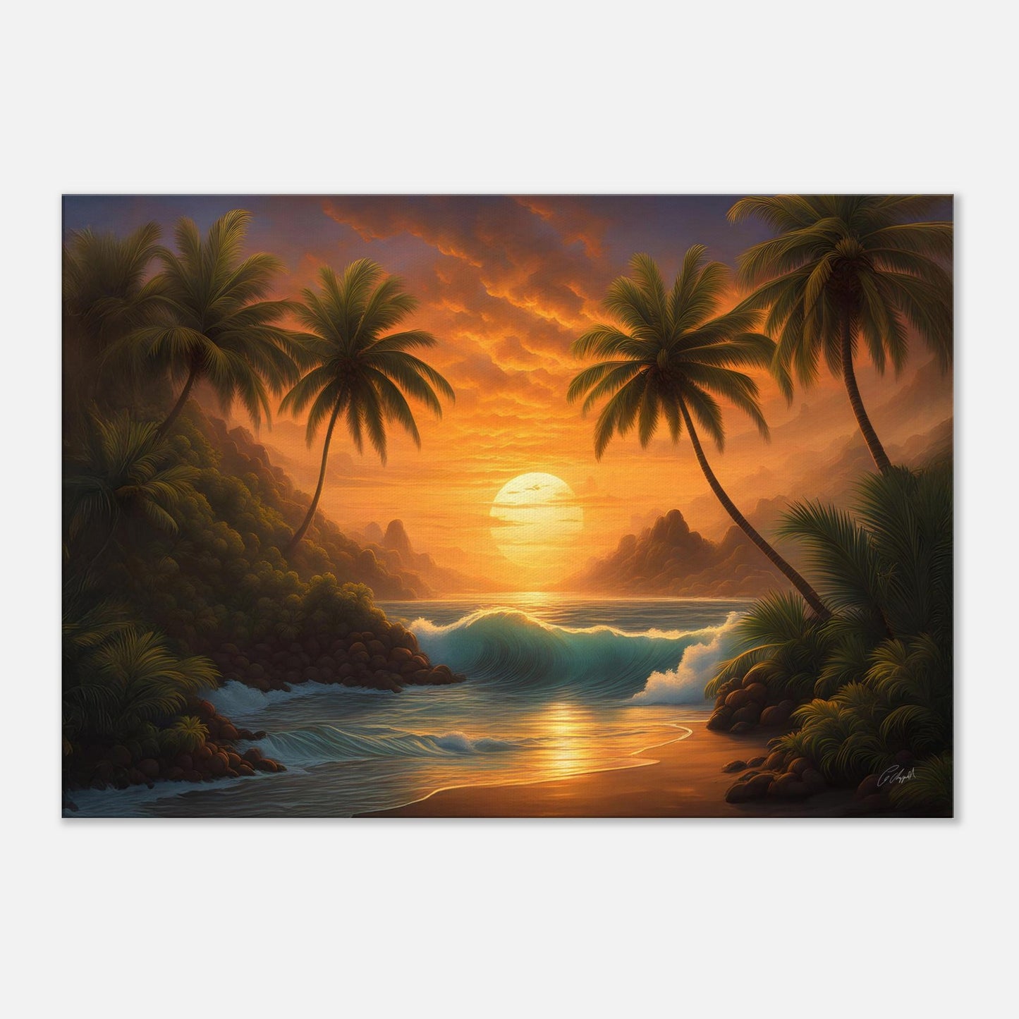 tropical sunset art, ocean art print, Hawaii beach landscape, sunset dreamy palm tree cove art