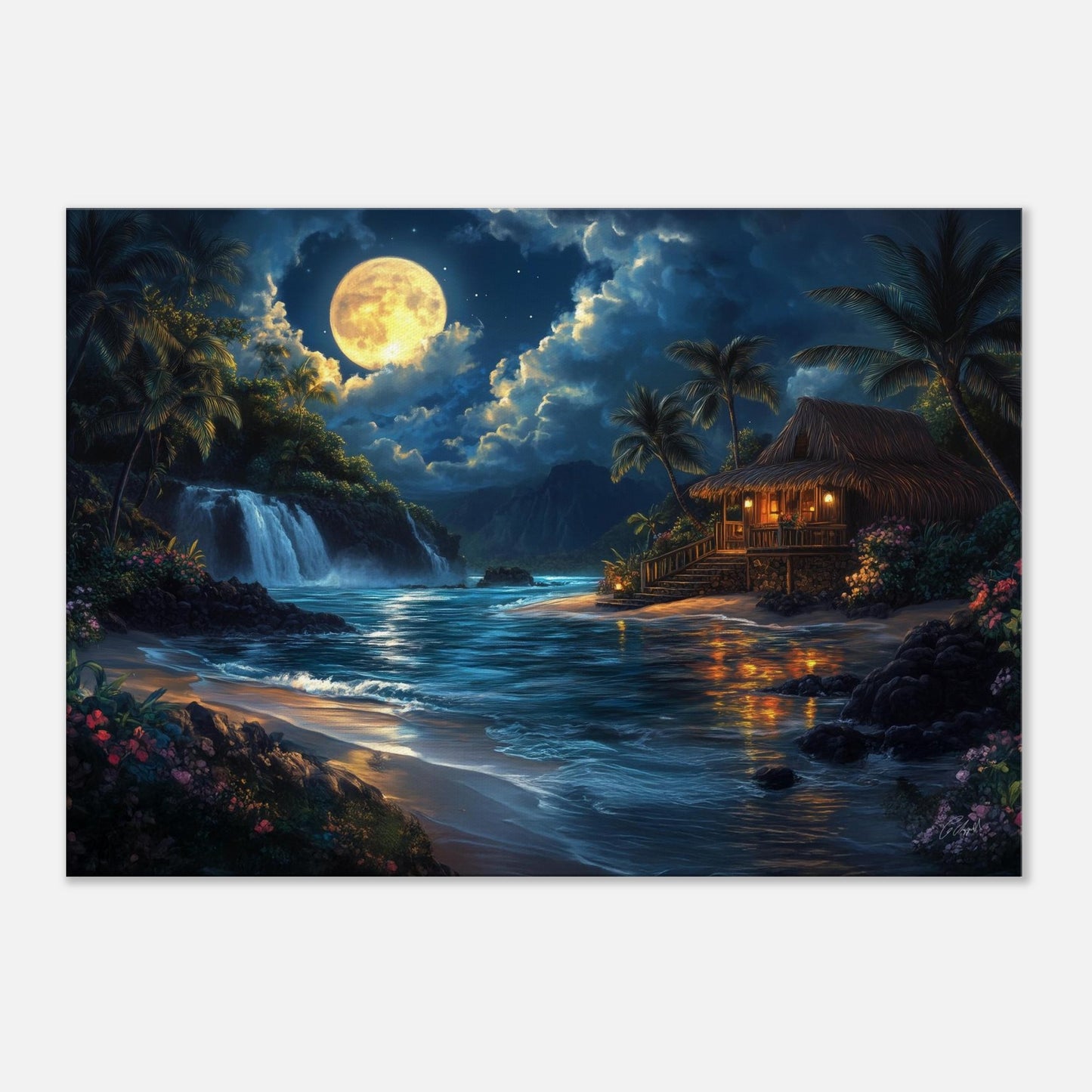 Hawaiian fantasy print, tropical night art, Hawaiian moonlight art