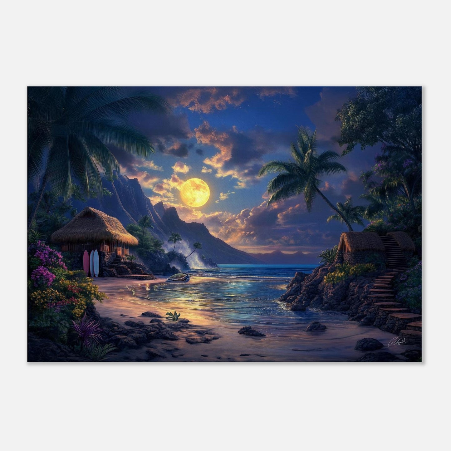 island moonlight painting, ocean art print, Hawaii beach landscape
