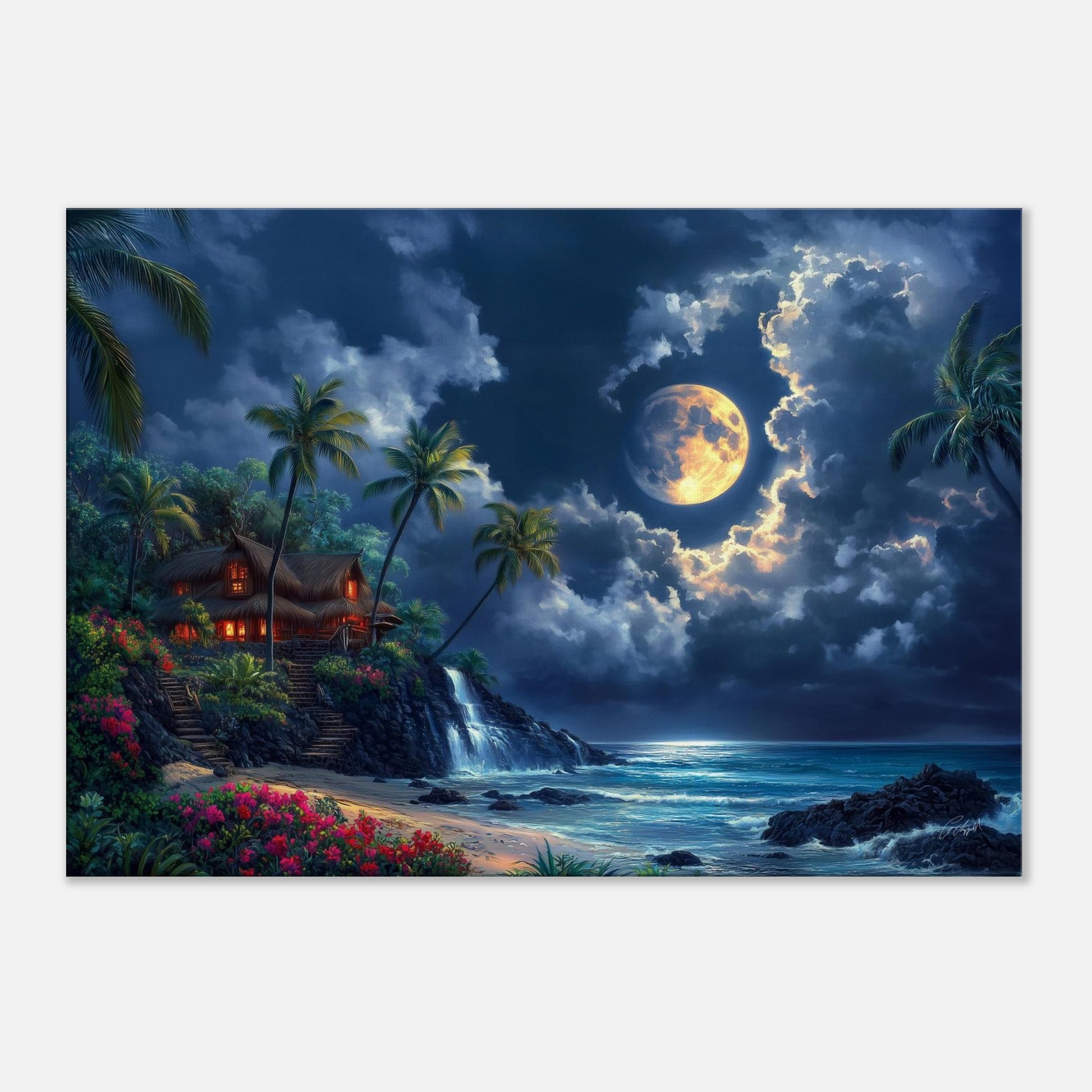 sunset over ocean, tropical wall decor, moonlit beach view