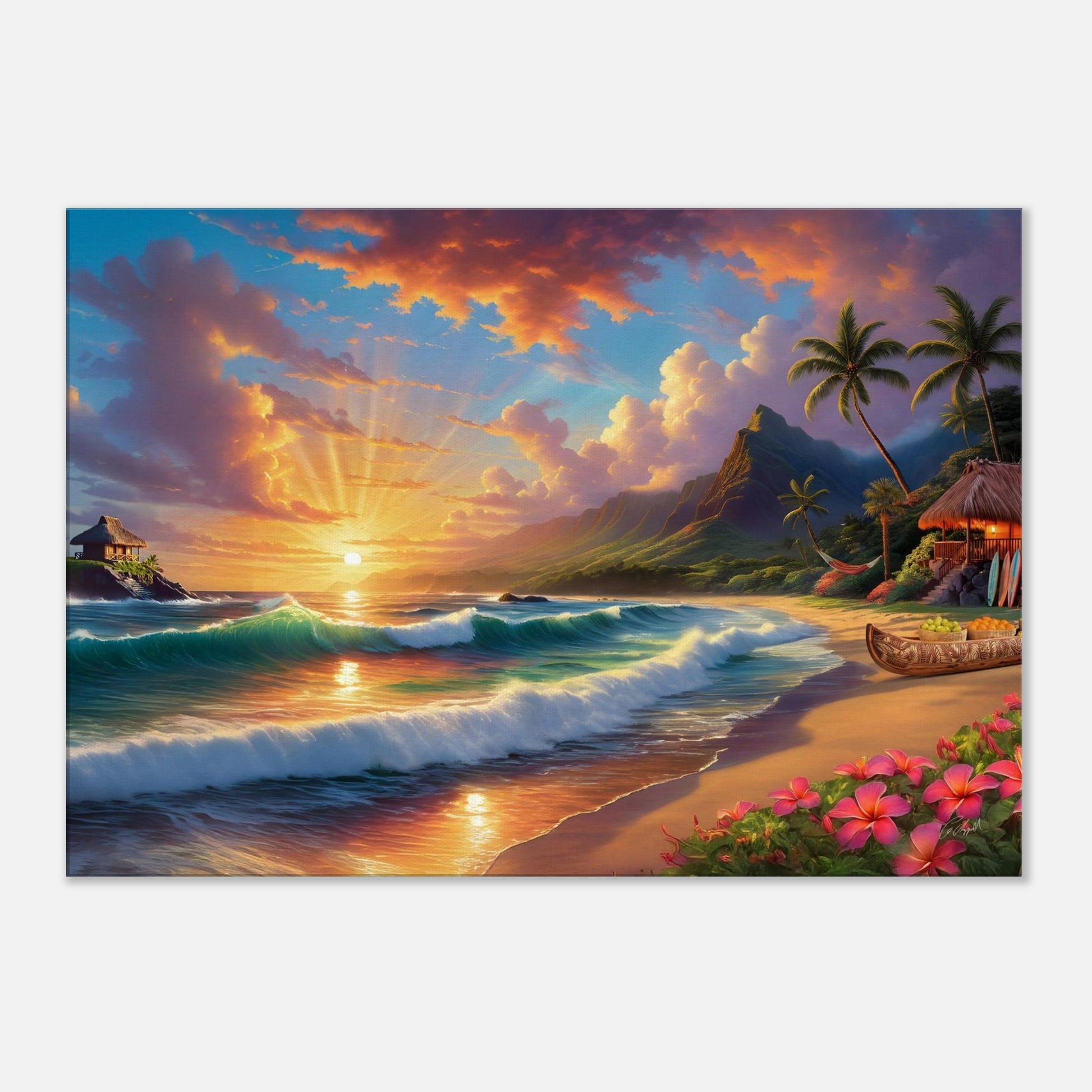 Hawaiian coastal artwork, island vibes, tropical sunset art