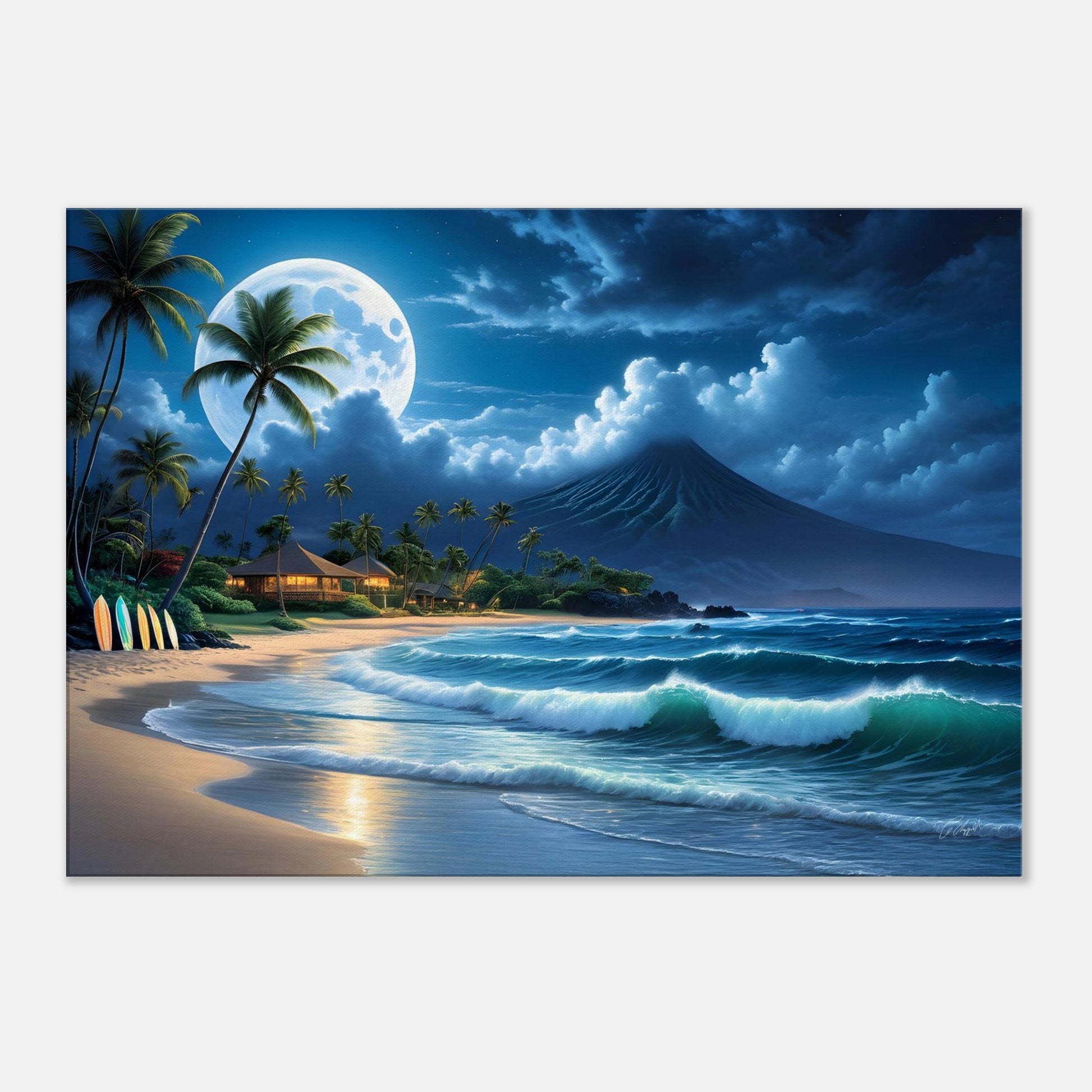 island vibes, moonlit beach view, Hawaiian fantasy print, surf paradise