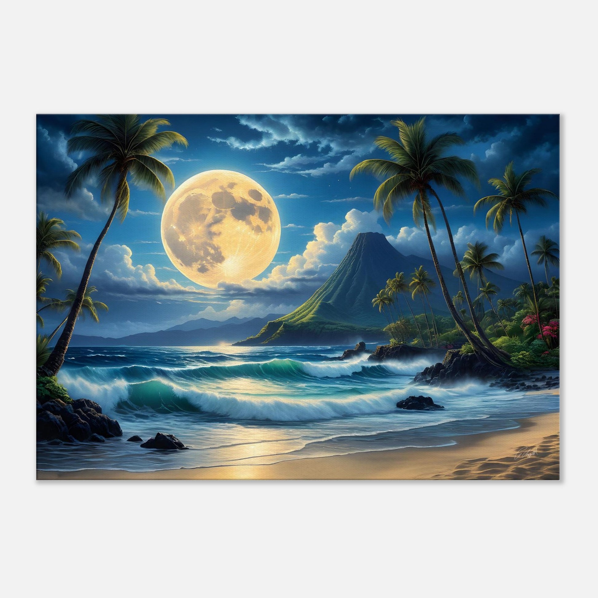 Hawaiian fantasy print, Hawaii beach landscape, island big moon painting