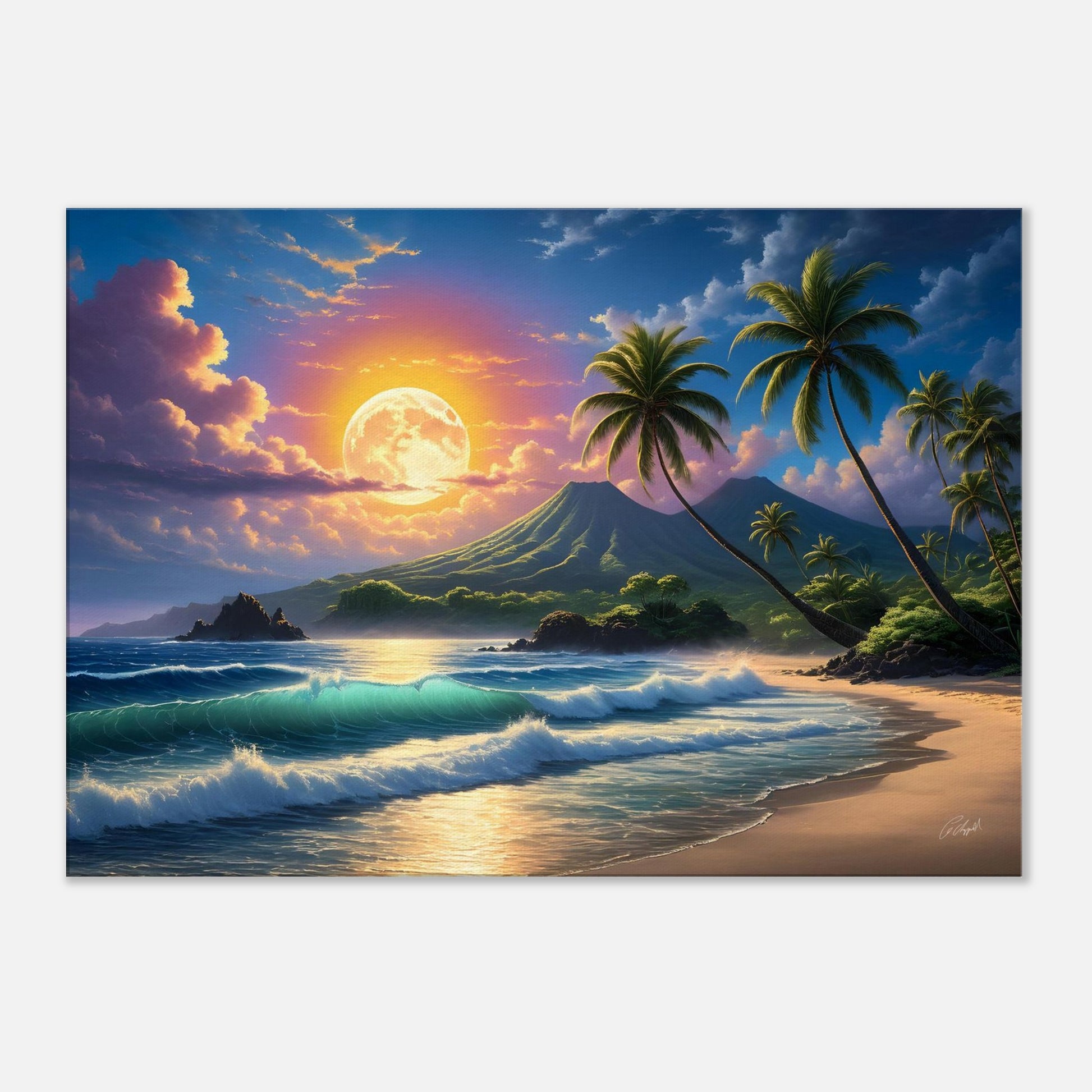 Hawaii beach landscape, tropical night art, moonlit beach view, palm trees heaven