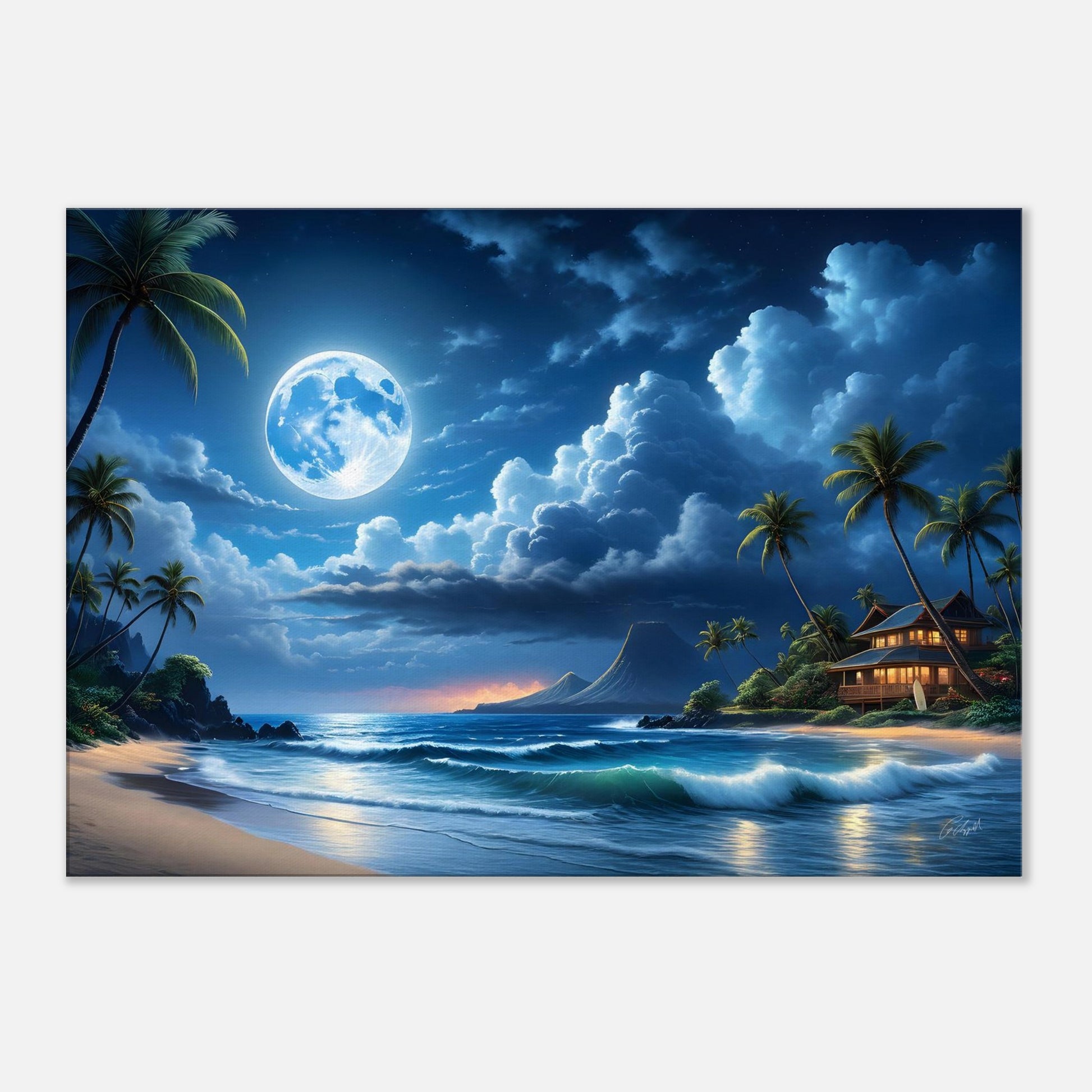 Hawaiian moonlight beach art, Hawaiian fantasy print, Hawaiian moon art, palm trees