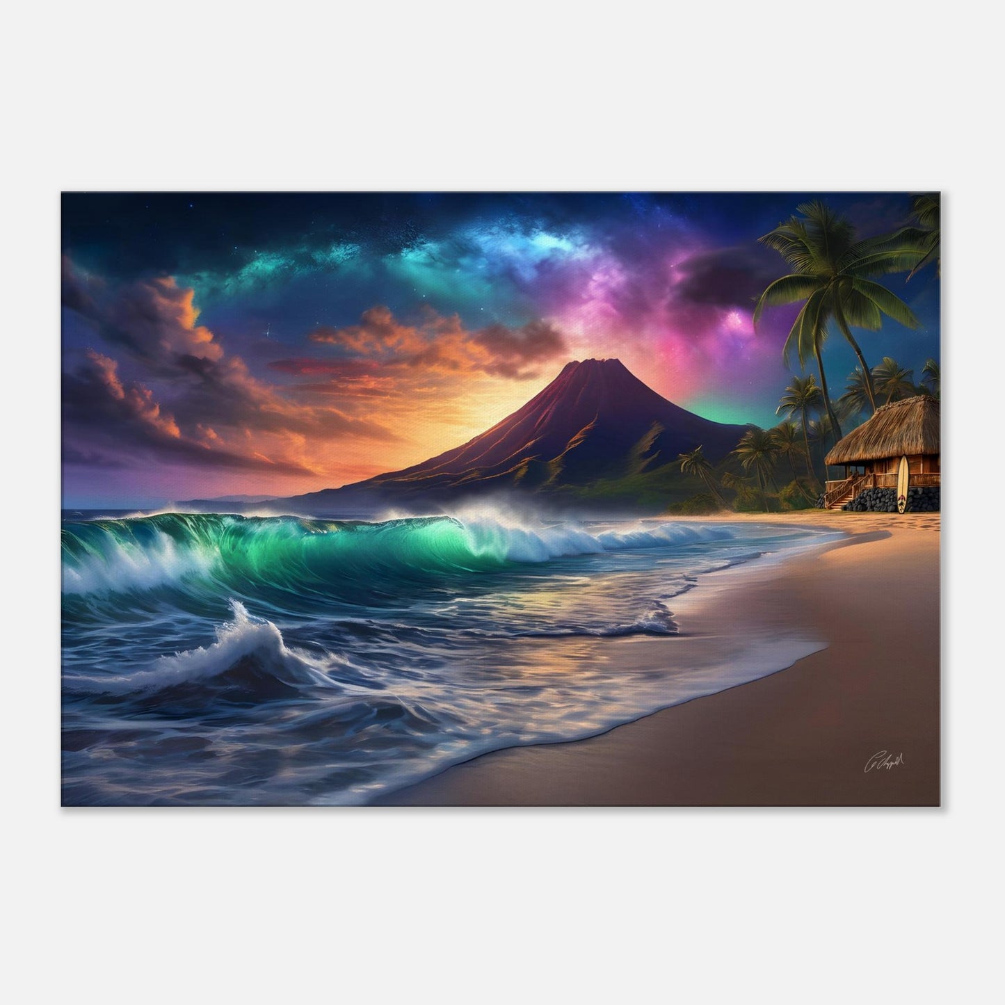 tropical wall decor, ocean art print, Hawaiian moonlight beach art, skylight stars, colorful skies