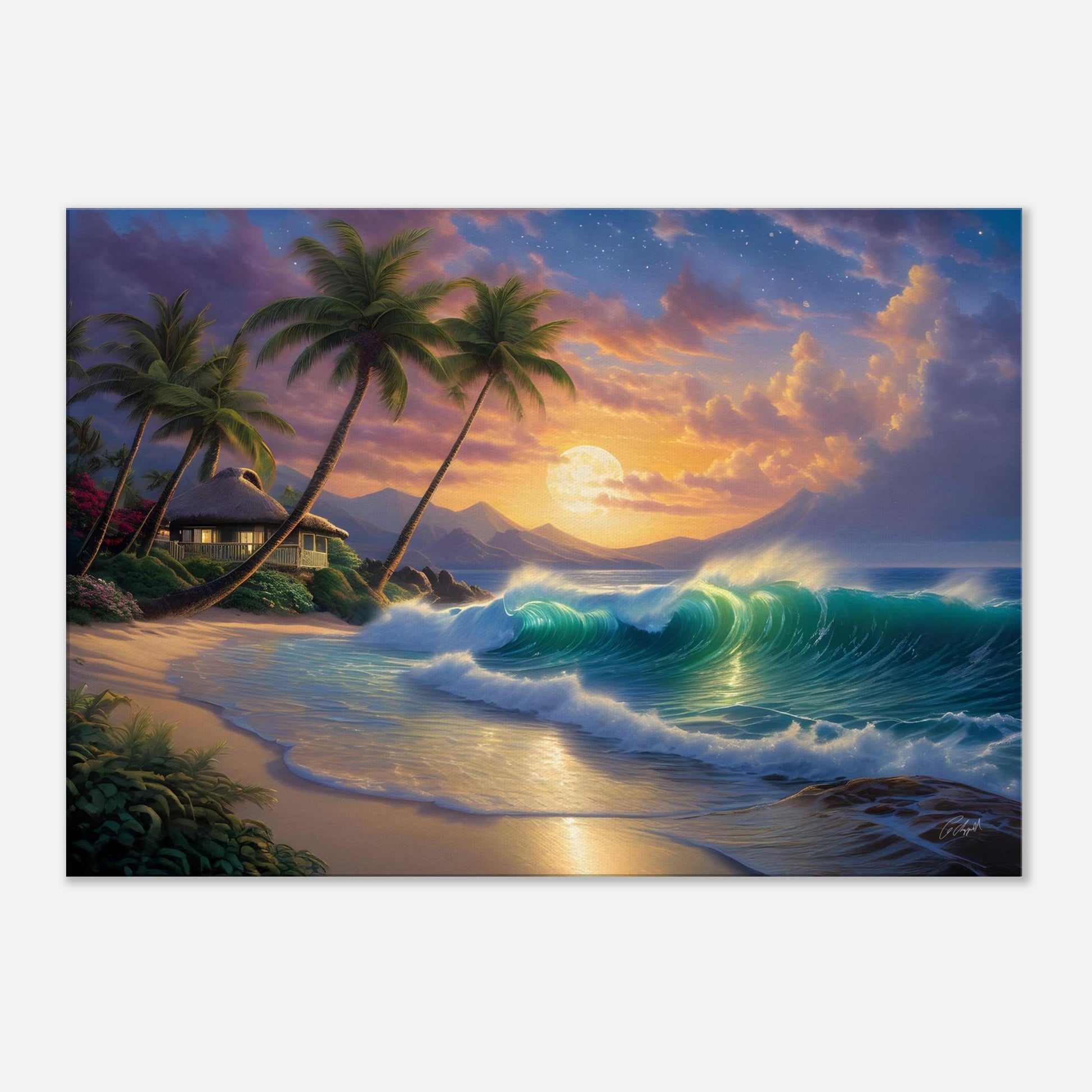 Hawaiian wave art, ocean art print, Hawaiian fantasy print, sunset art dramatic skies