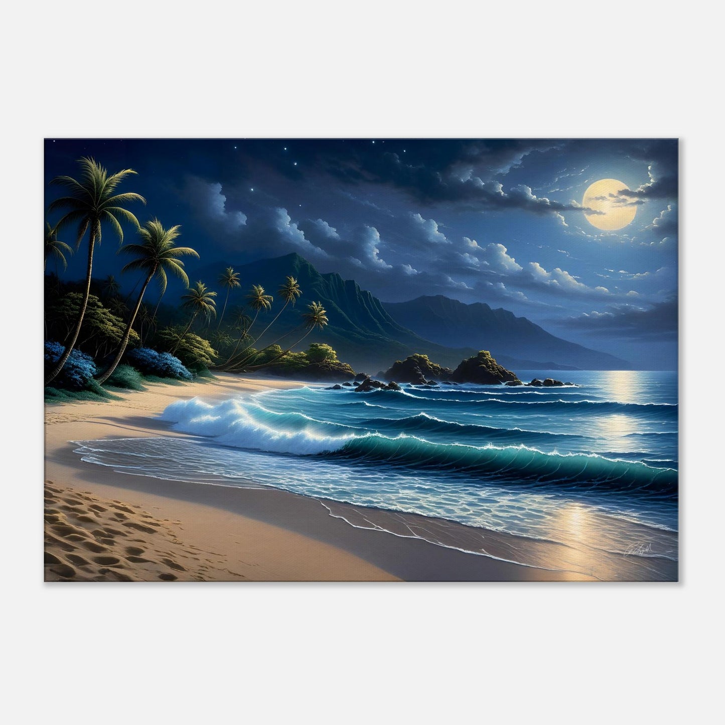 tropical wall decor, palm tree print, Hawaiian moonlight beach art, palm trees,