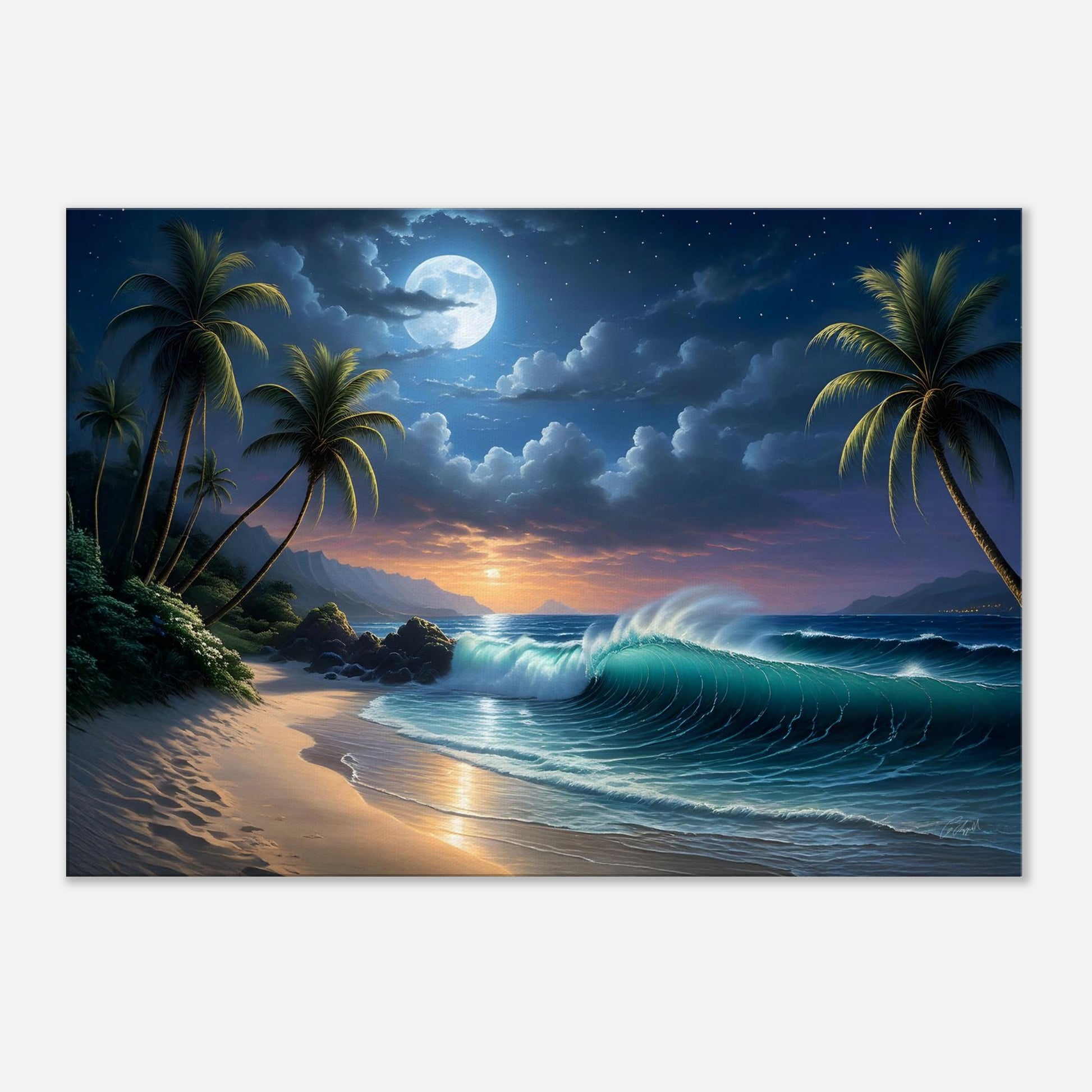 Moonlight over ocean, ocean art print, Hawaiian fantasy print, big glowing wave art, nice beach cove
