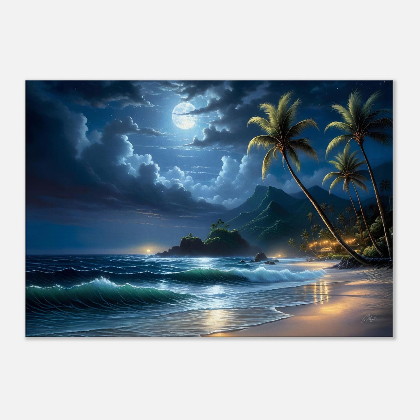 tropical night art, Hawaiian fantasy print, Hawaiian moonlight  art, beautiful palm trees on a beach at night