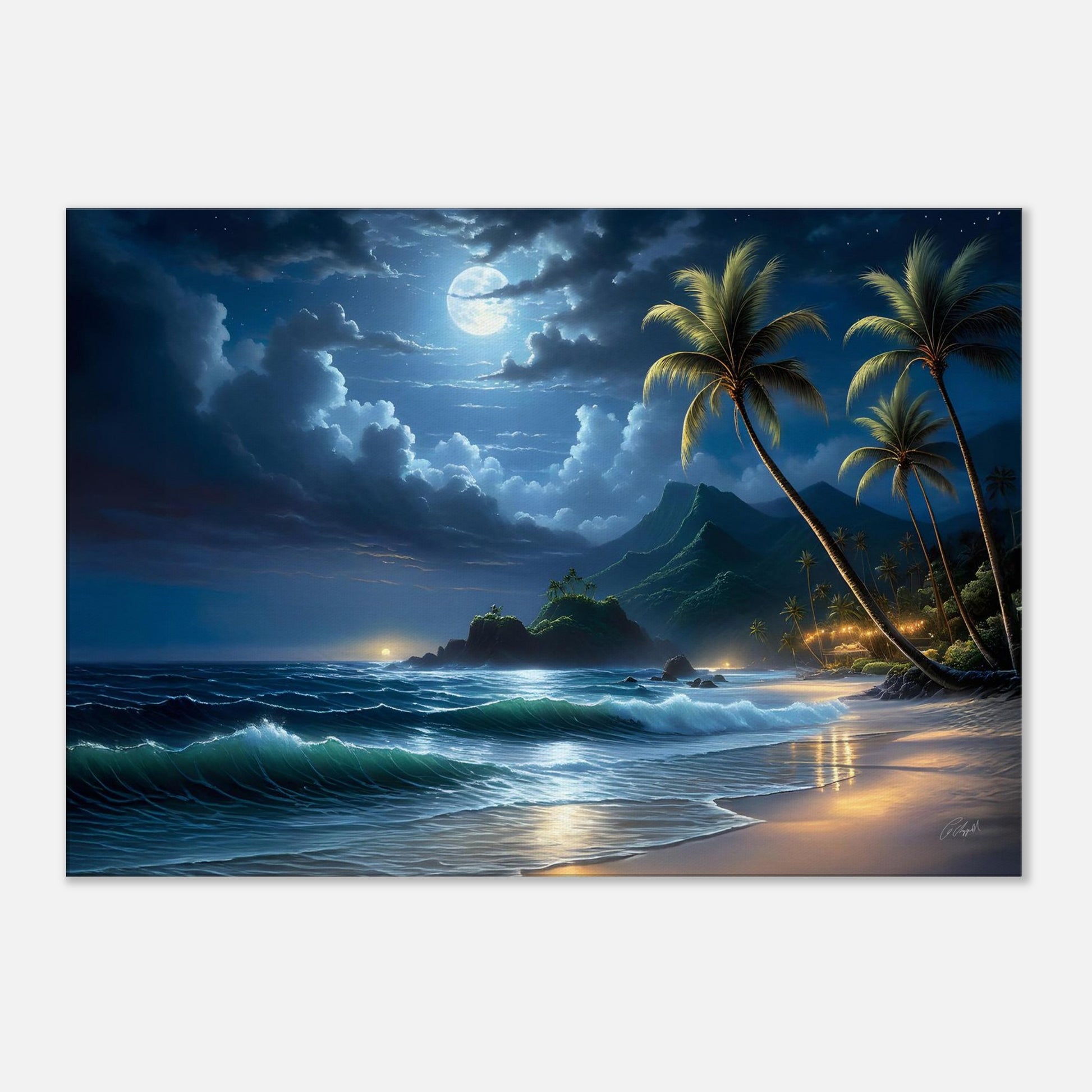 tropical night art, Hawaiian fantasy print, Hawaiian moonlight  art, beautiful palm trees on a beach at night