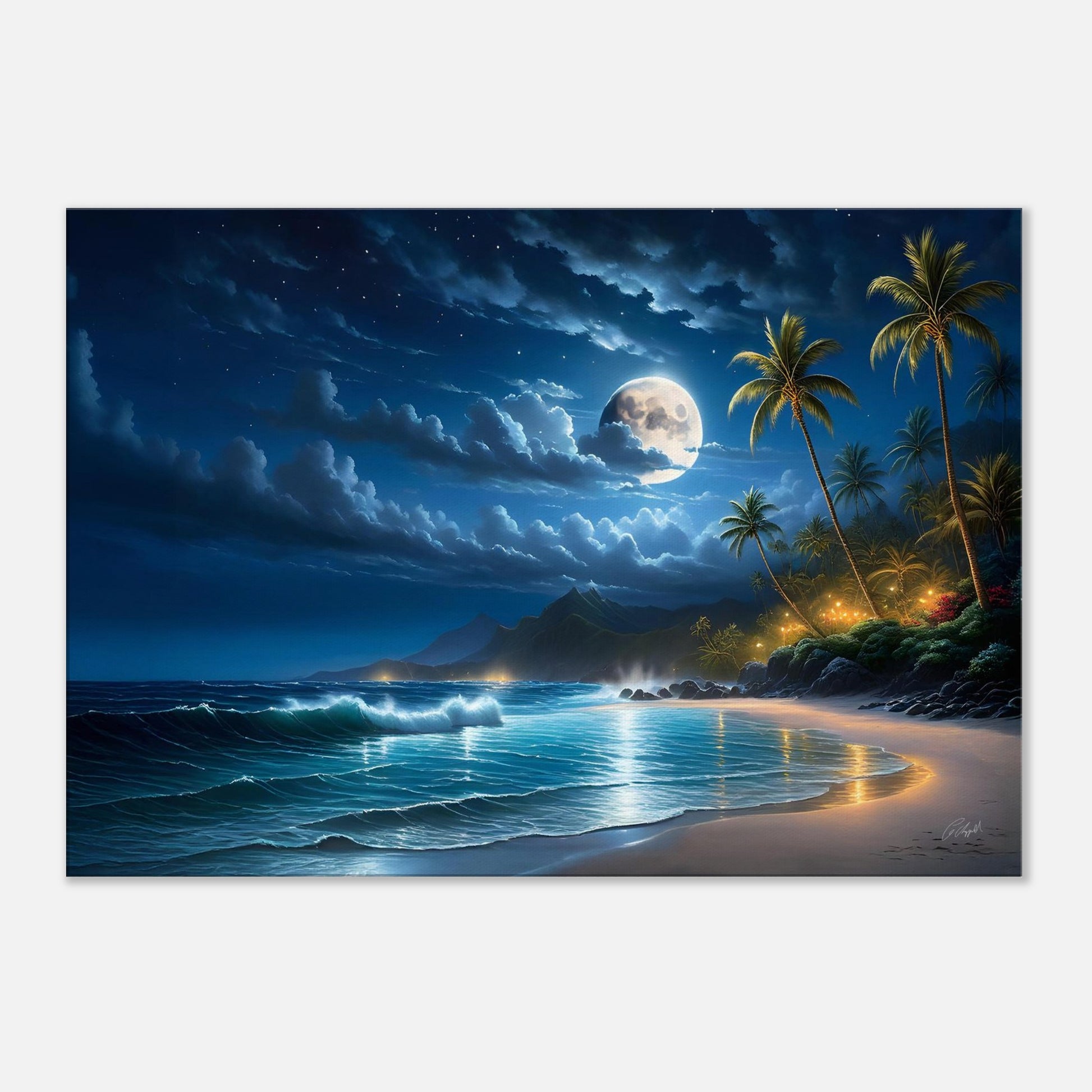 island moonlight painting, ocean art print, tropical wall decor, big moon, cozy beach at night in Hawaii