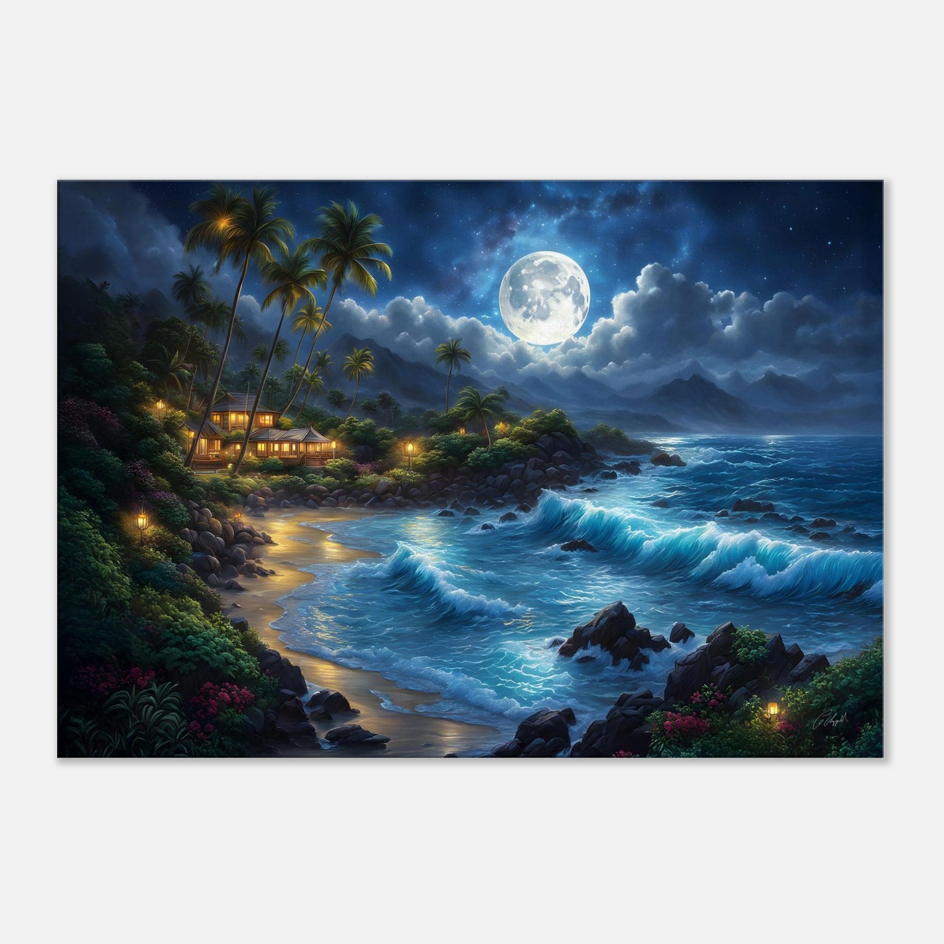Hawaiian moonlight beach art, Hawaiian ocean art, beach scene Hawaii, tropical cozy cove art