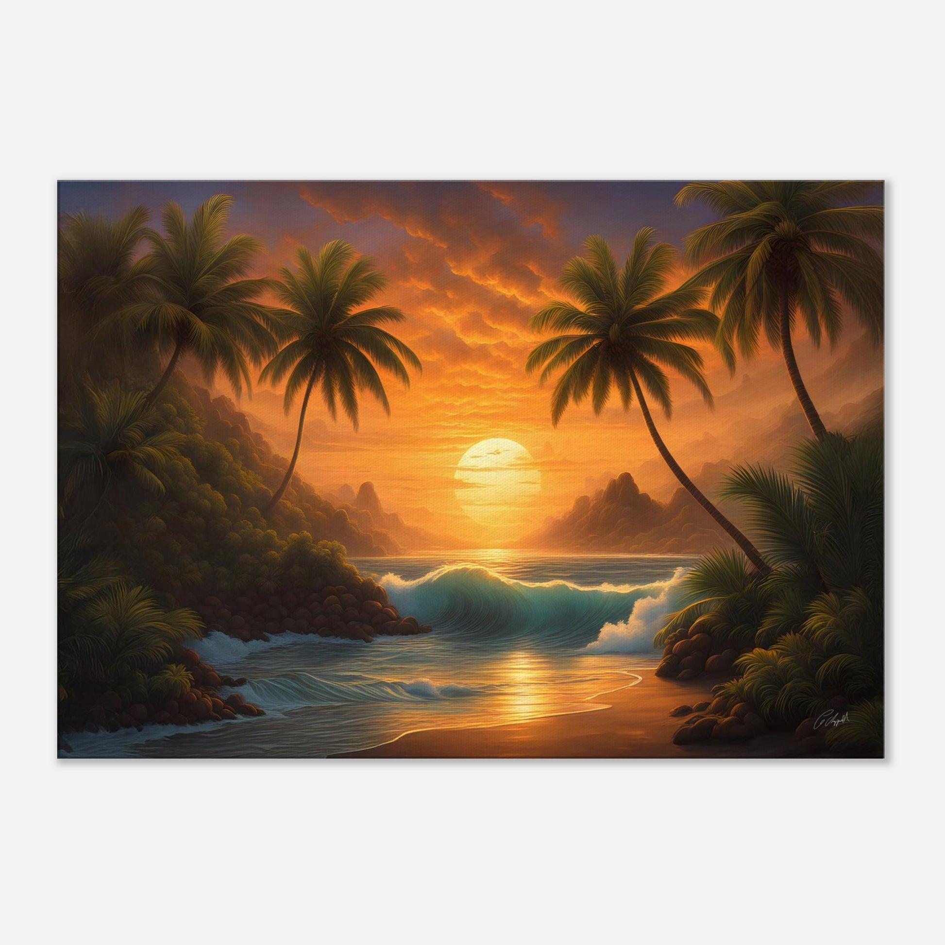 tropical sunset art, ocean art print, Hawaii beach landscape, sunset dreamy palm tree cove art
